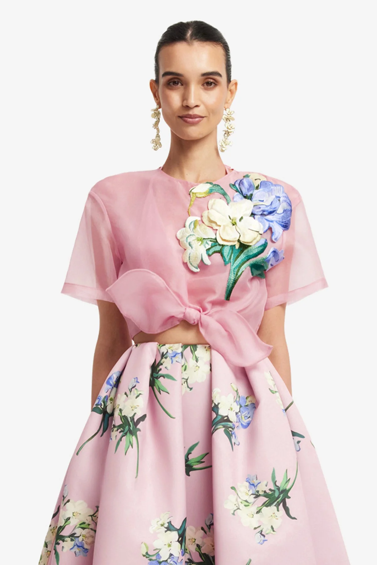 Riley Embroidered Sleeve Top - Bouquet Print in Pastel Pink