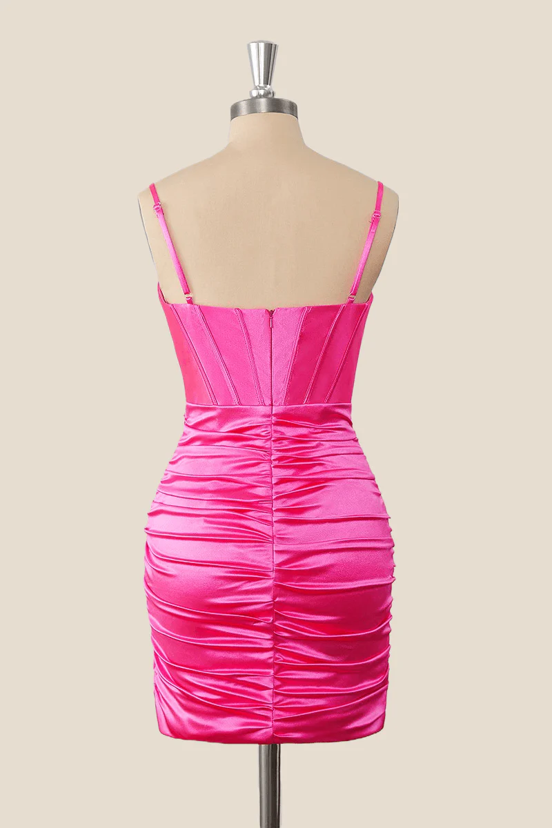 Straps Hot Pink Ruched Tight Mini Dress