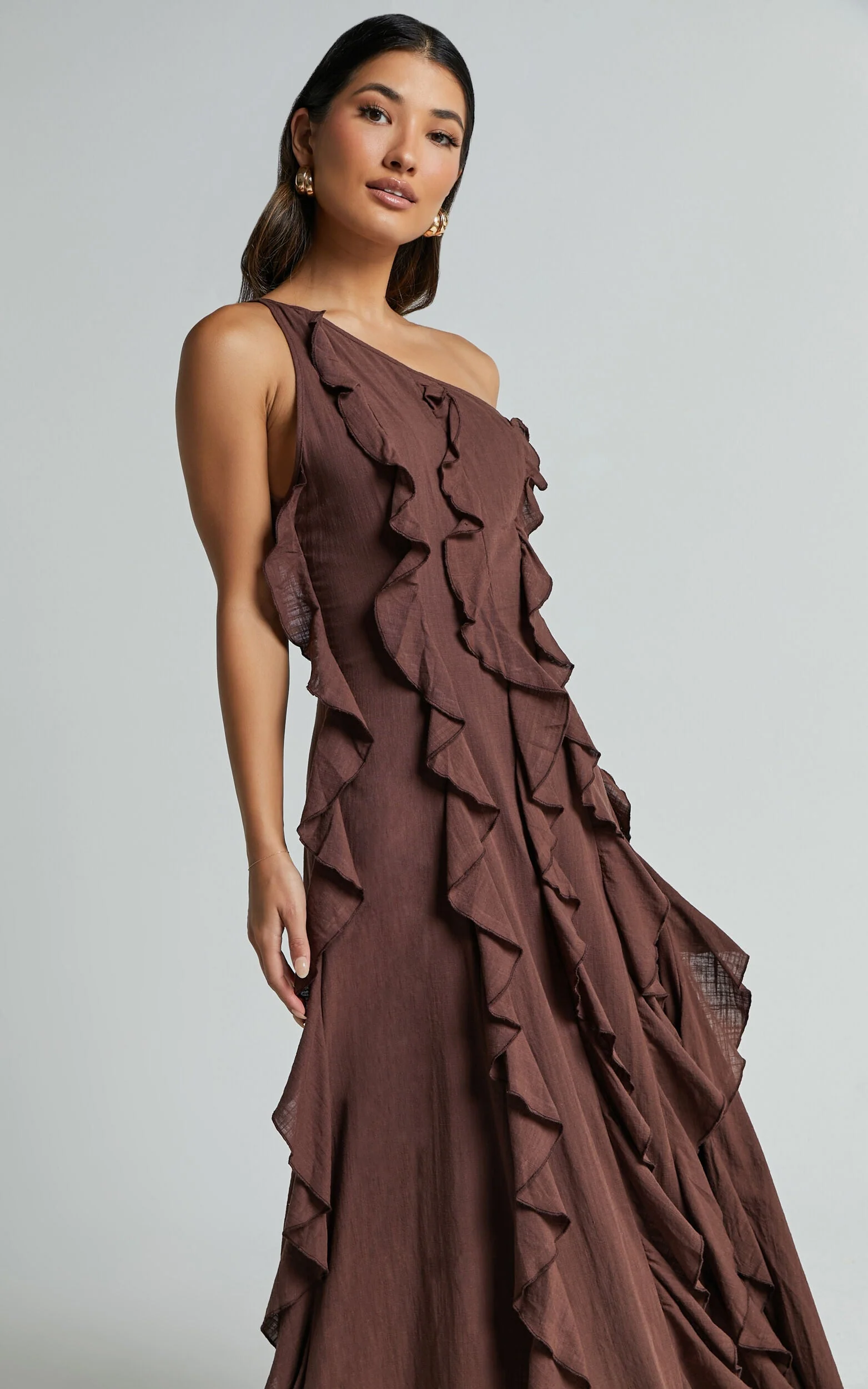 Britney Maxi Linen Dress - One Shoulder Ruffle Detail Dress in Chocolate