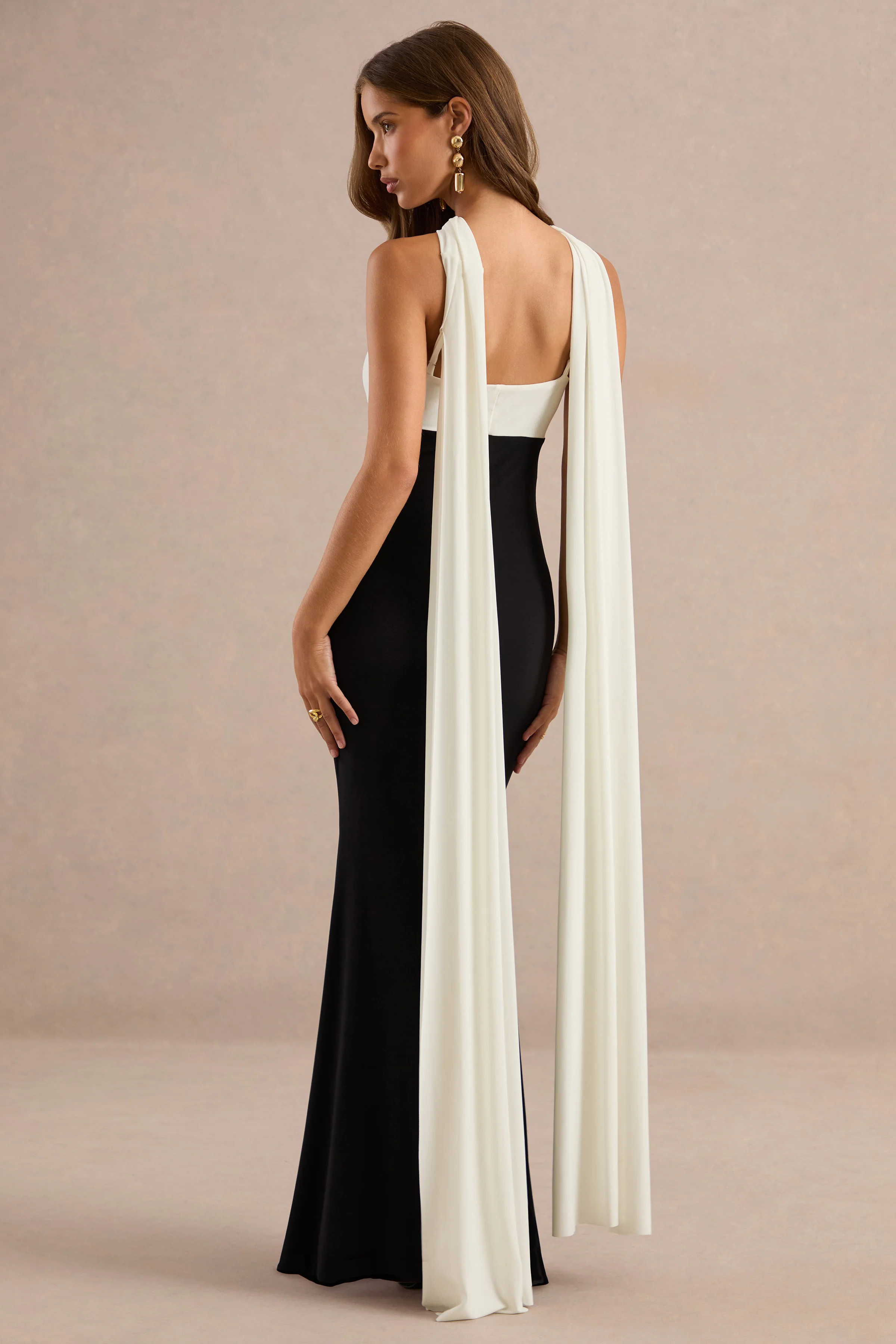 Cassina | Monochrome Jersey Twist Halter Maxi Dress With Back Cape And Chest Cut Out
