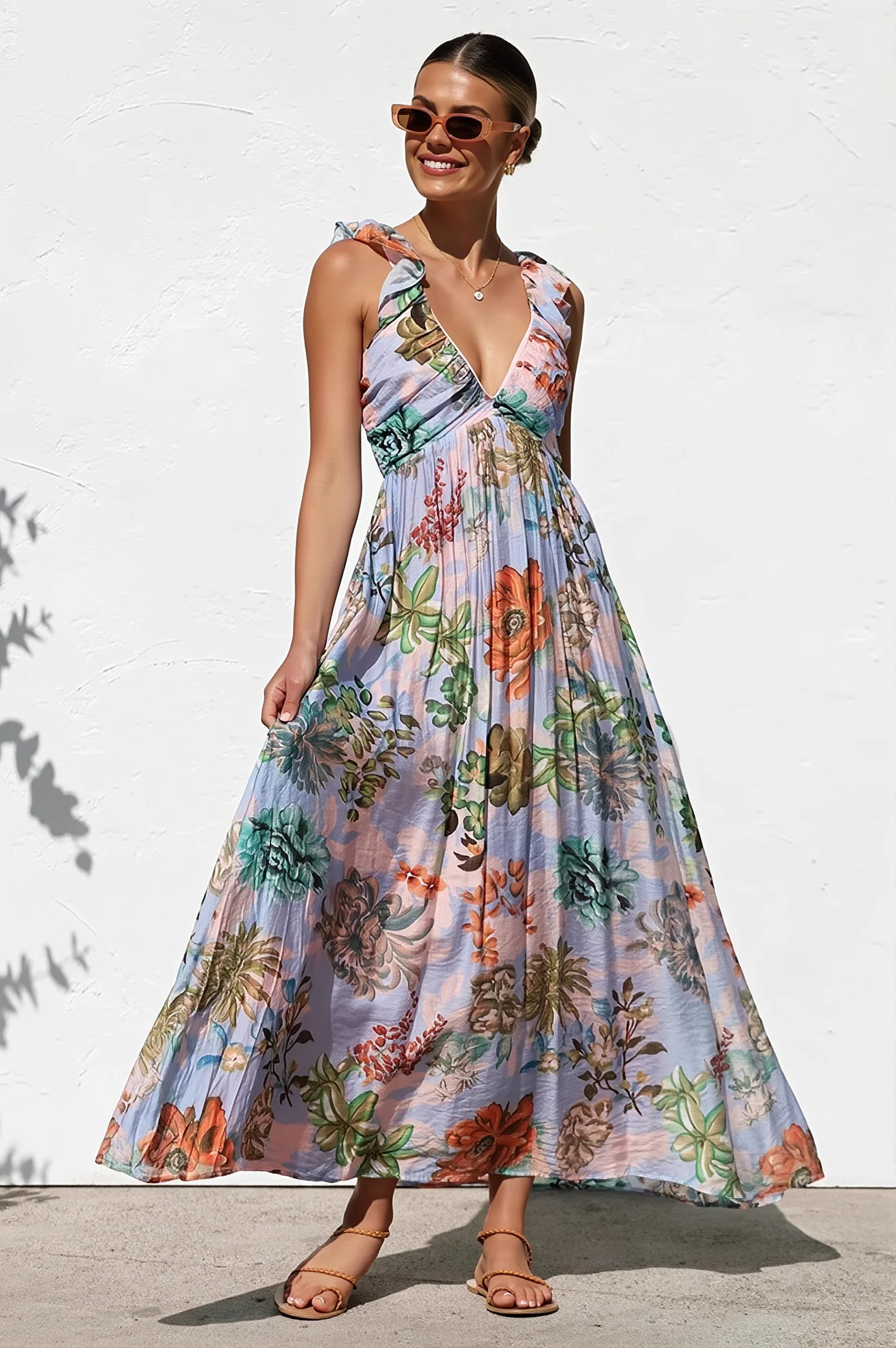 V Neck Swing Print Cami Maxi Dress