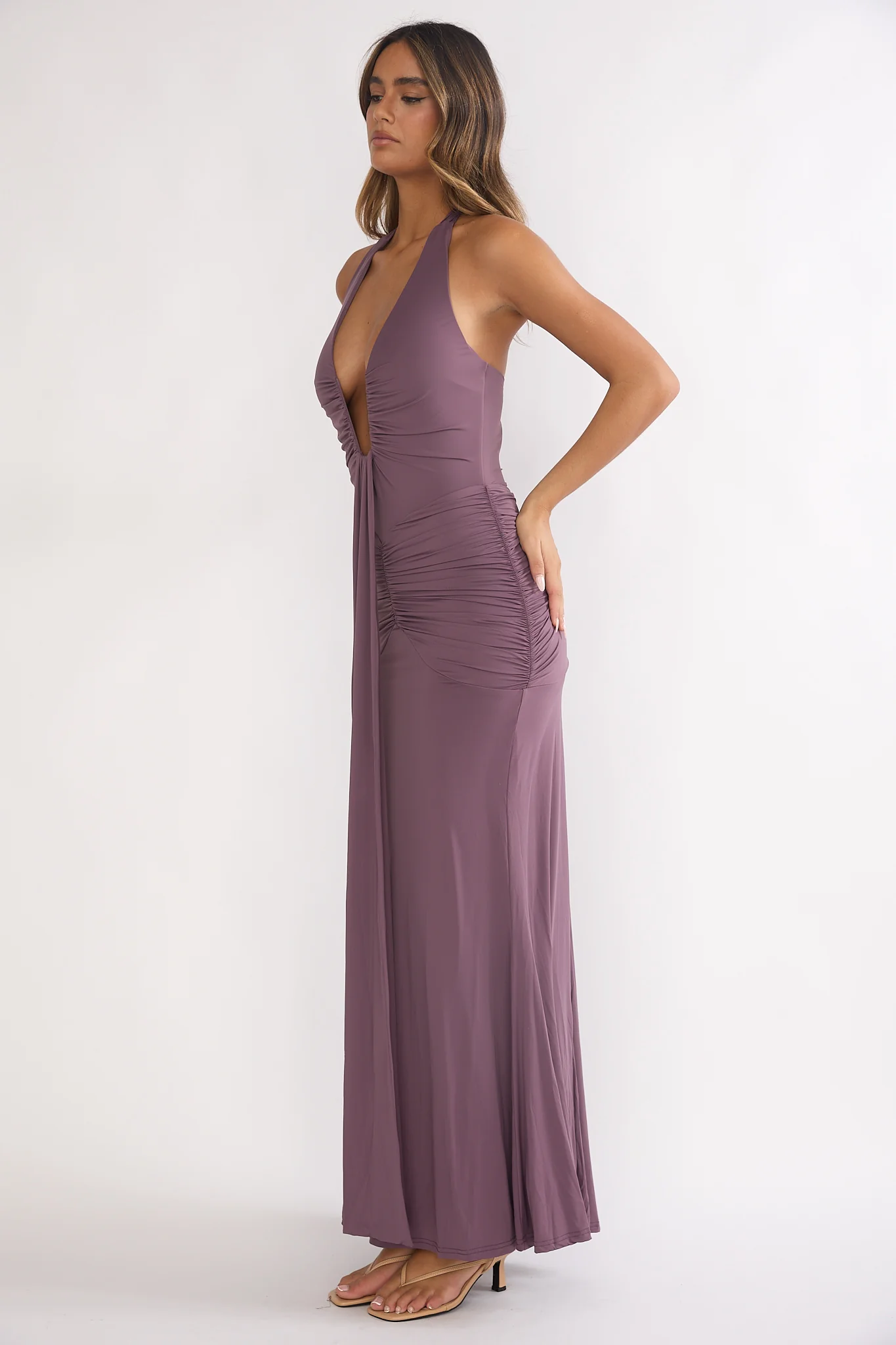 Brienna Halter Ruched Maxi Dress Mauve