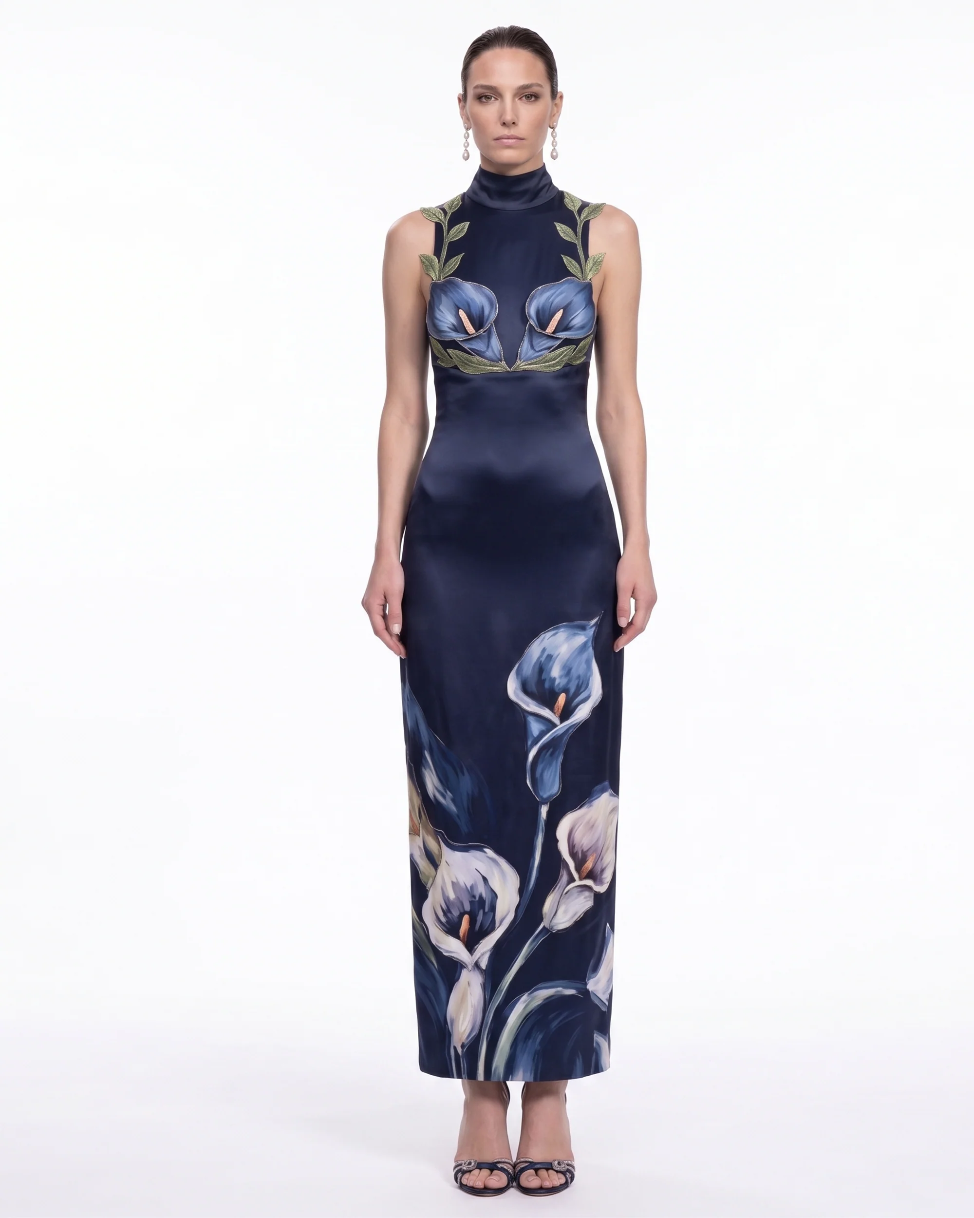 3D Floral Mock-Neck Column Maxi Dress - Navy