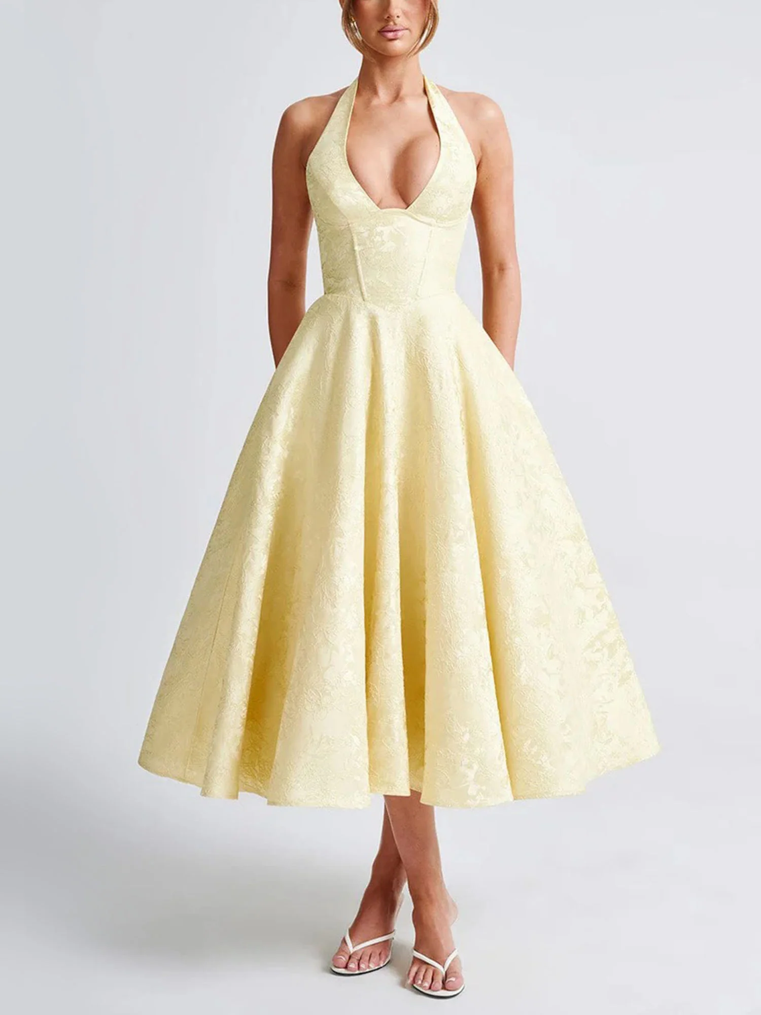 Yellow Halter Flared Midi Dress