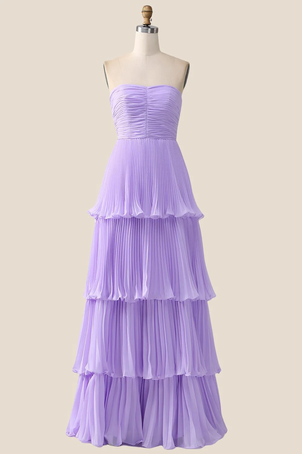 Strapless Sage Pleated Tiered Long Party Dress