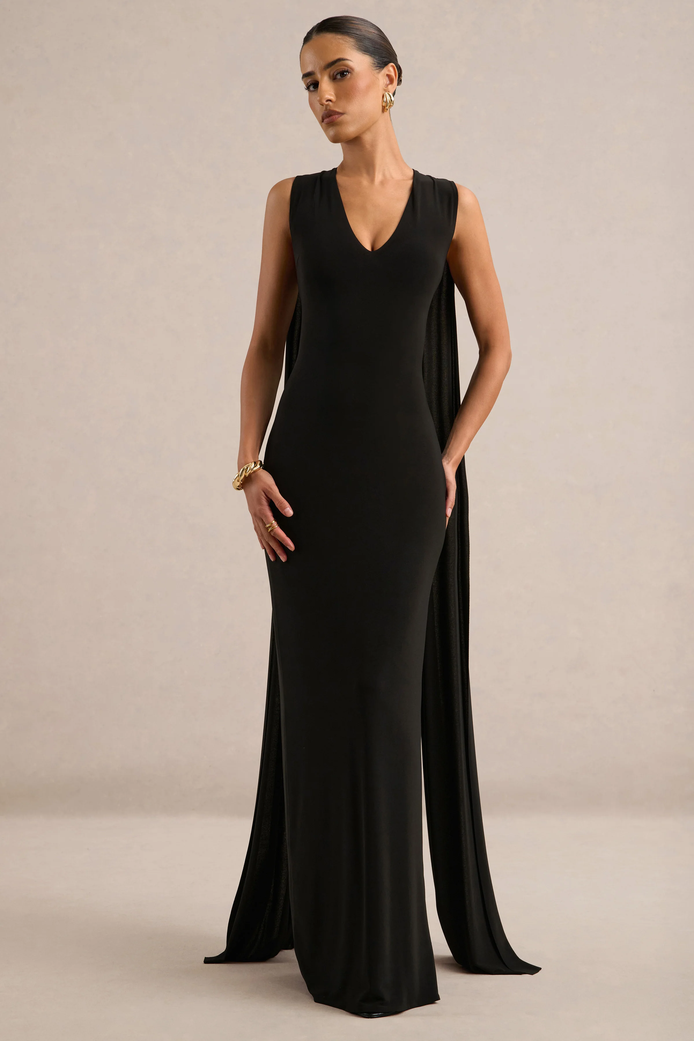 Marceline | Black Jersey Plunge Maxi Dress With Back Cape Sleeves