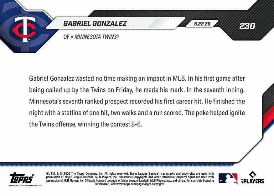 Gabriel Gonzalez - 2026 MLB Topps NOW® - Card 230