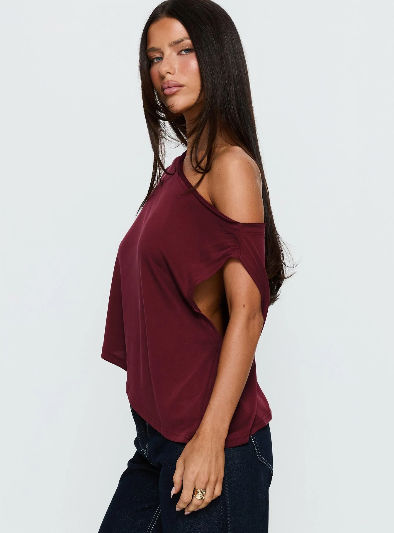 Passerby Asymmetrical Off Shoulder Top Burgundy