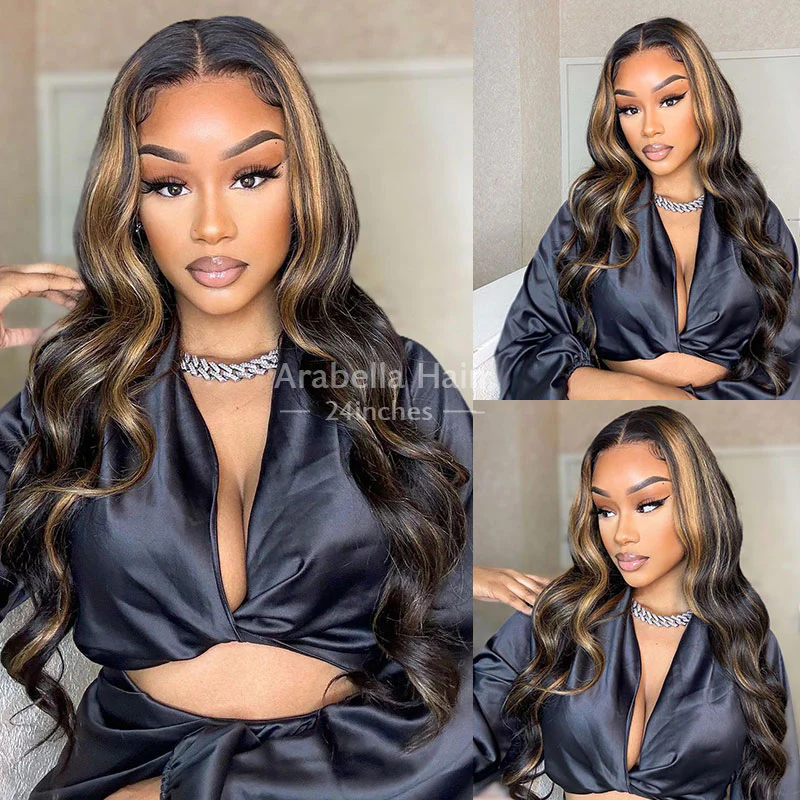 Ophirawig 13x4 Frontal Lace Auburn Highlights on Black Hair Body Wave Wig Invisible Knots Realistic Hairline