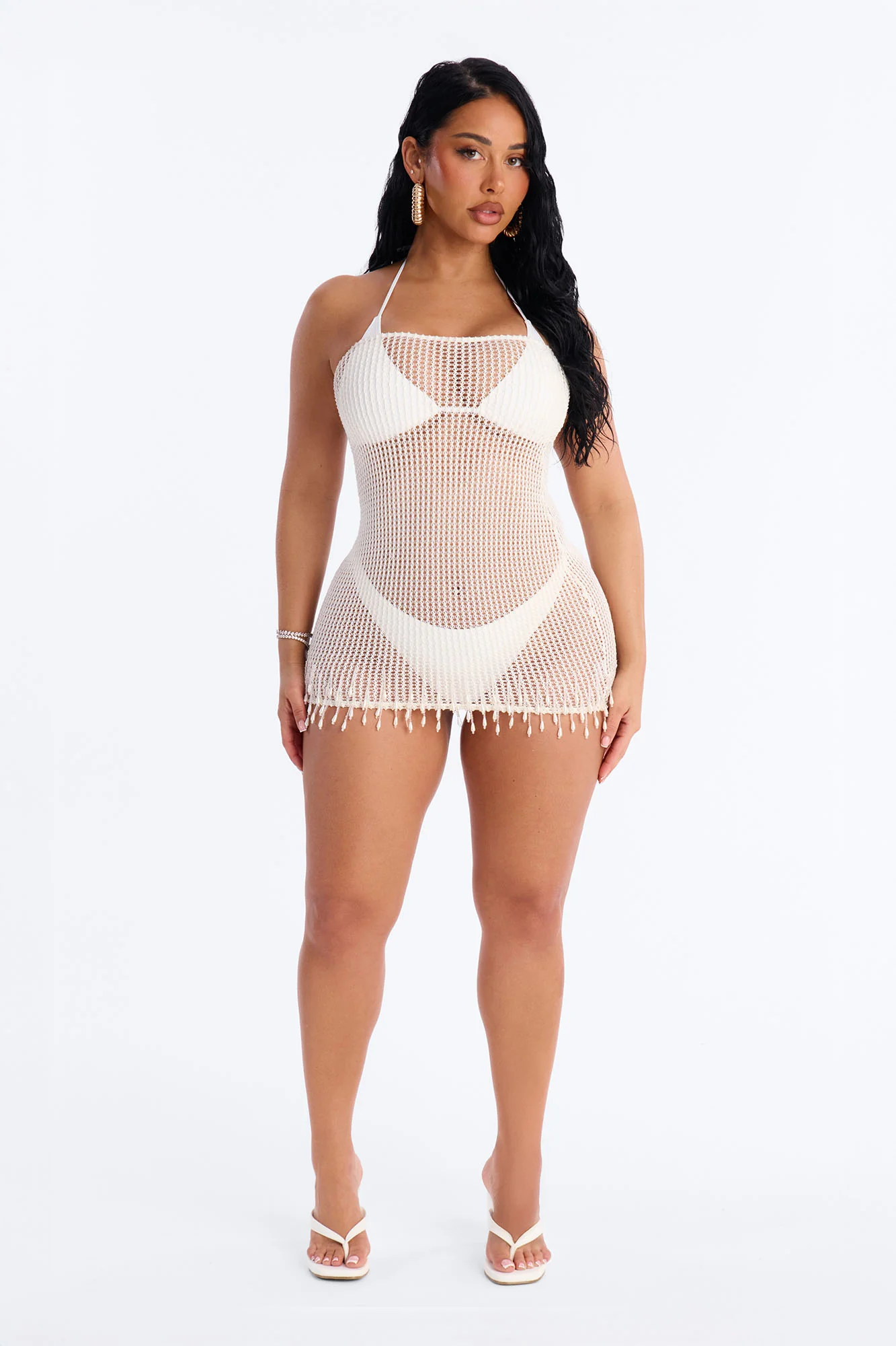 Macha And Sea Breeze Crochet Beaded Fringe Trim Strapless Mini Swim Cover Up Dress - Cream