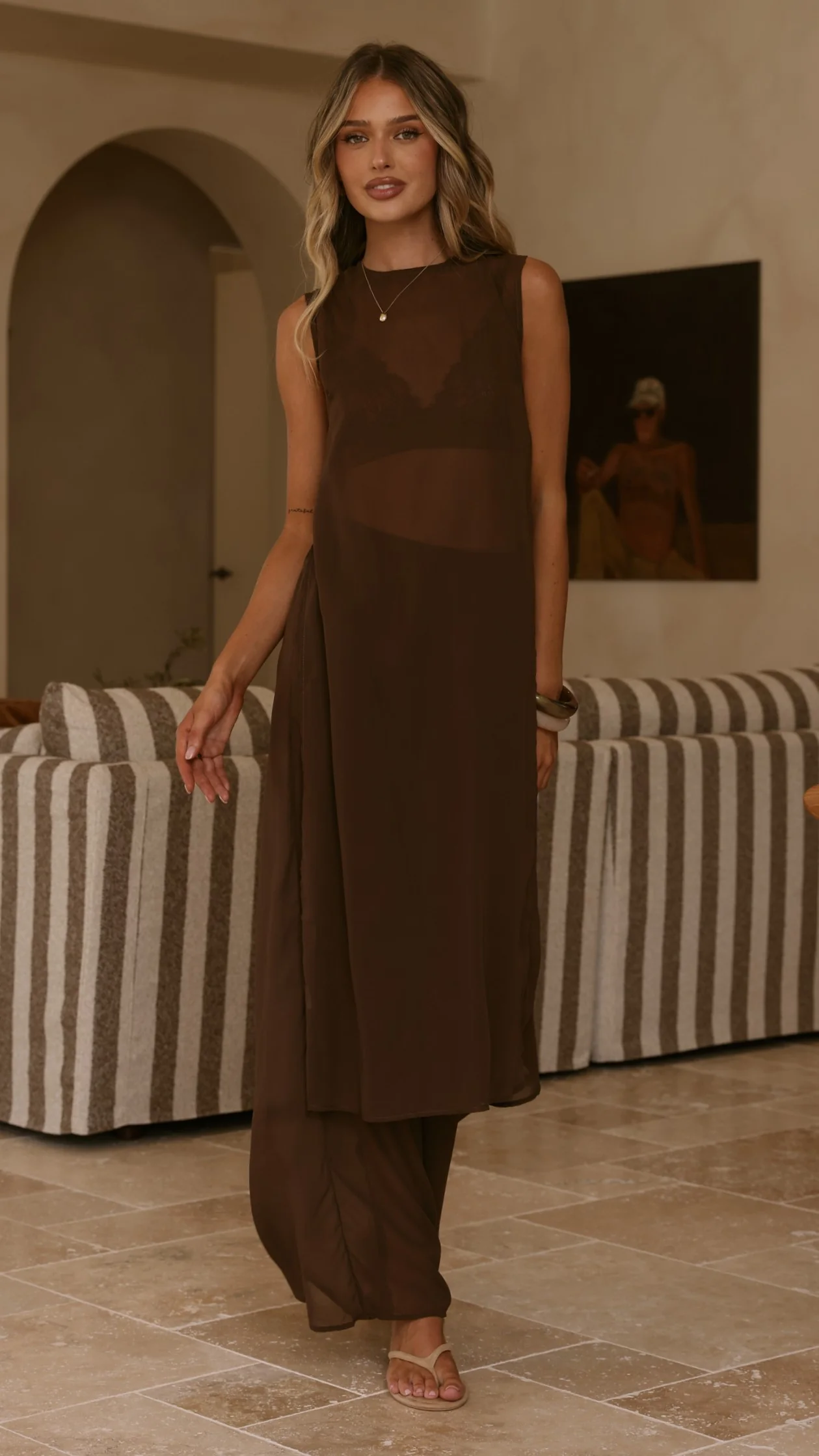 Zaire Long Line Sheer Top and Pants Set - Chocolate