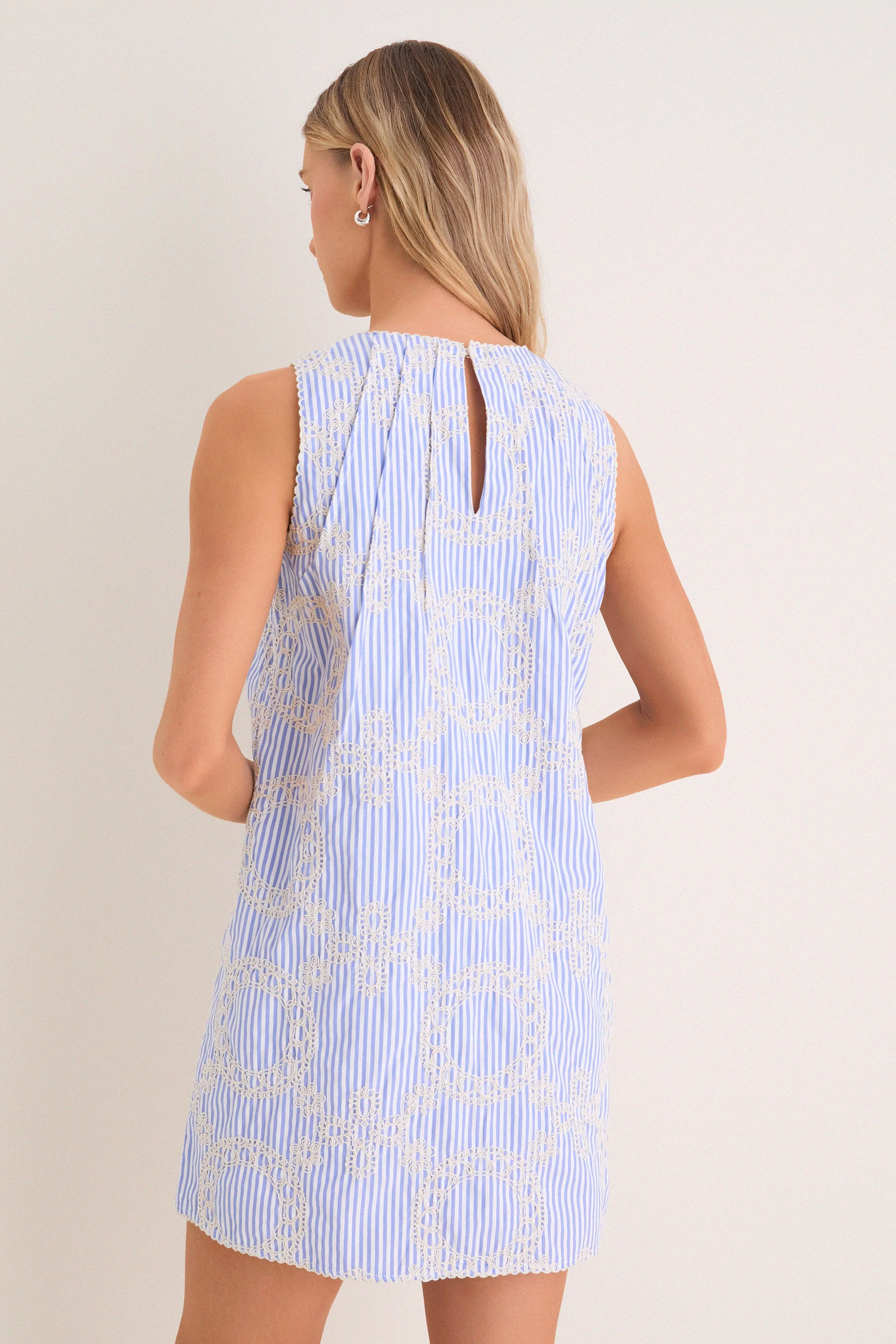 Blue Embroidered Pinstripe Bobbie Mini Dress