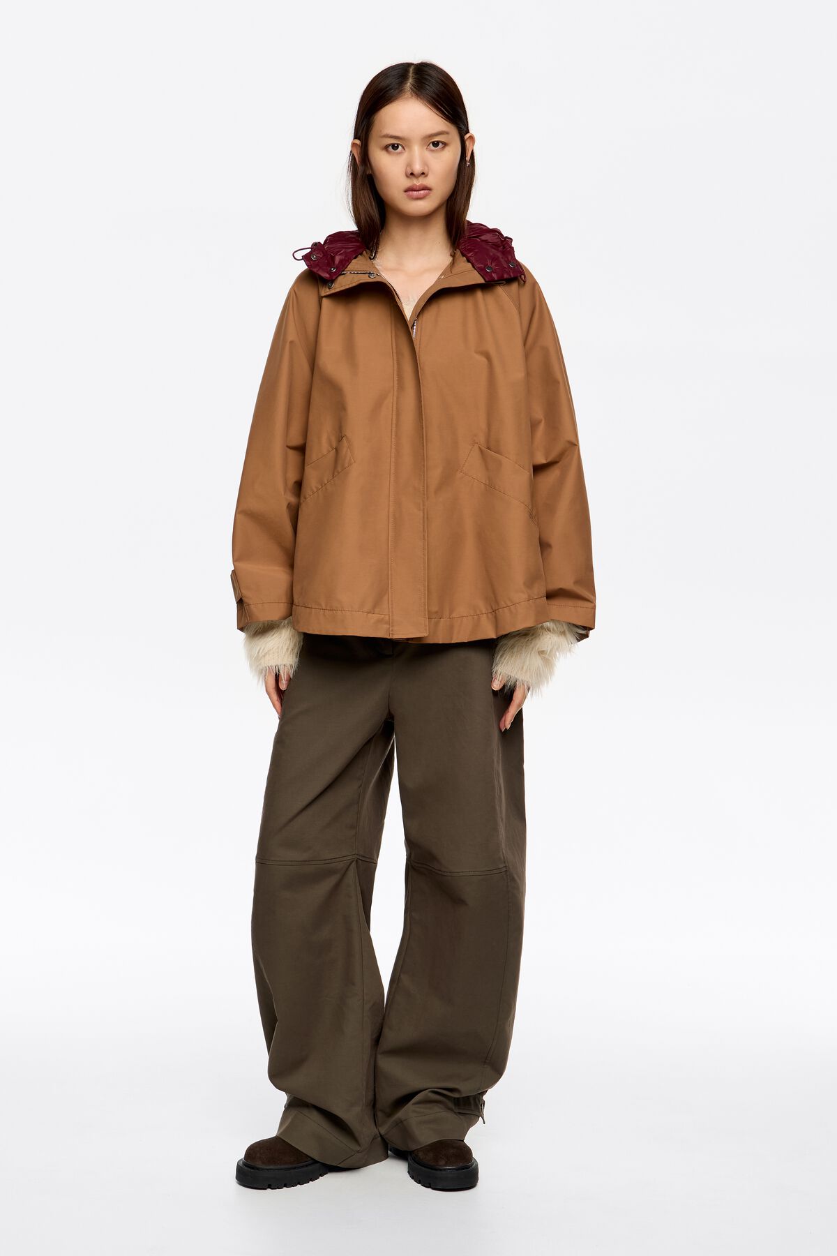 Brown detachable padded hood trench