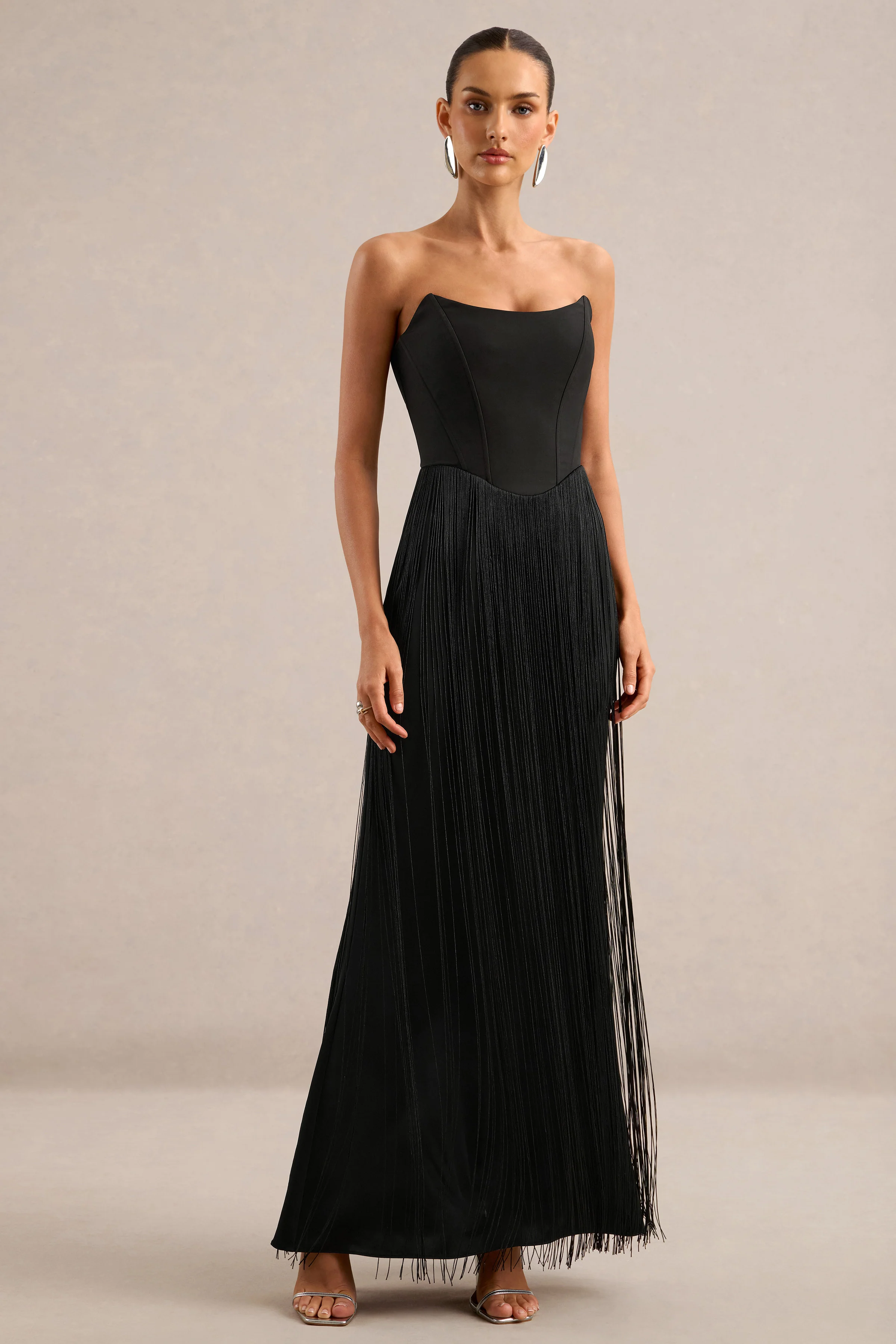 Manuela | Black Bandeau Maxi Dress With Fringe Detailing