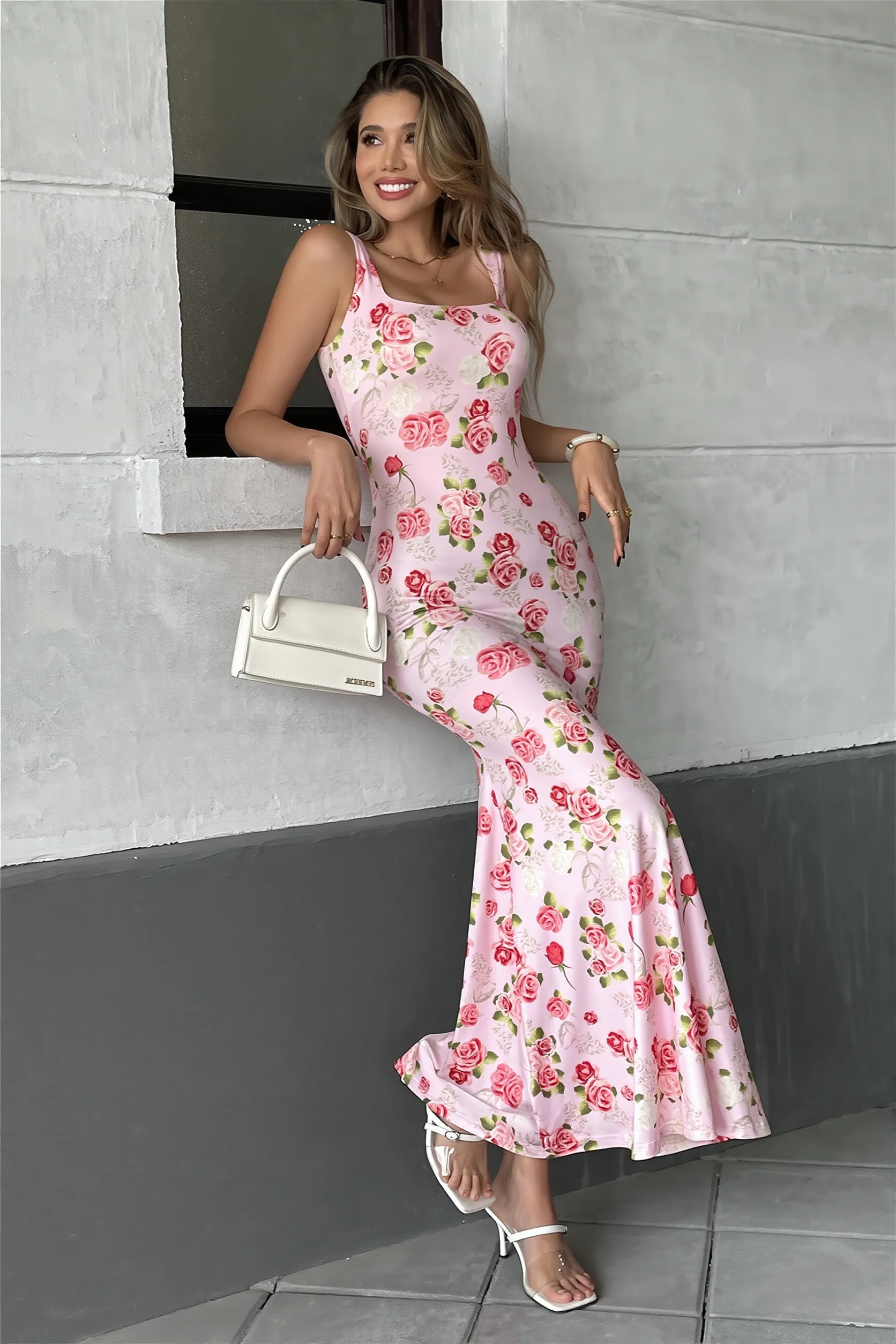 Pink Floral Sweet Girly Cami Maxi Dress