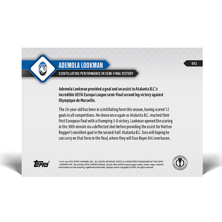 Ademola Lookman - Scintillating performance in semi-final victory - 23/24 UEL TOPPS NOW® Card 43