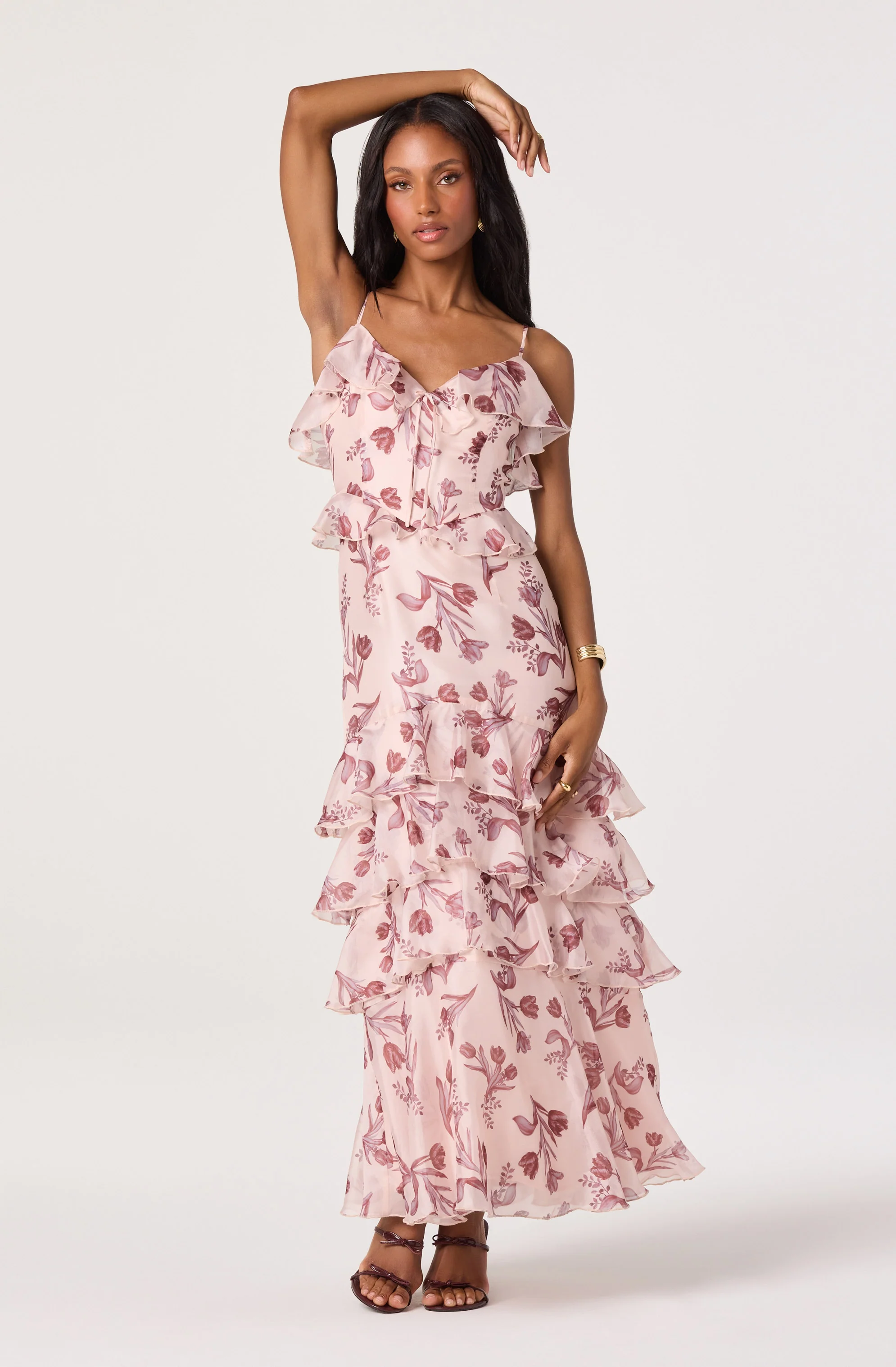 Emiliana V-Neck Ruffle Satin Maxi Dress