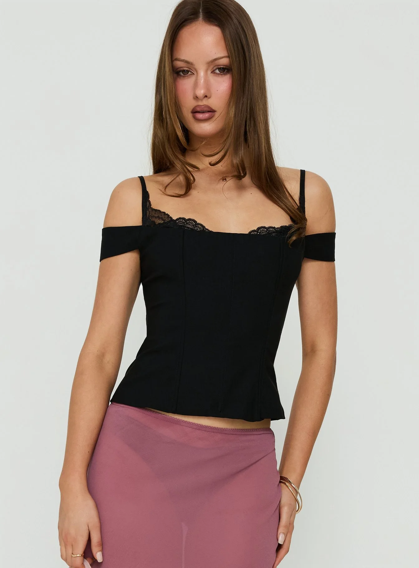 Anikka Off Shoulder Lace Detail Corset Top Black