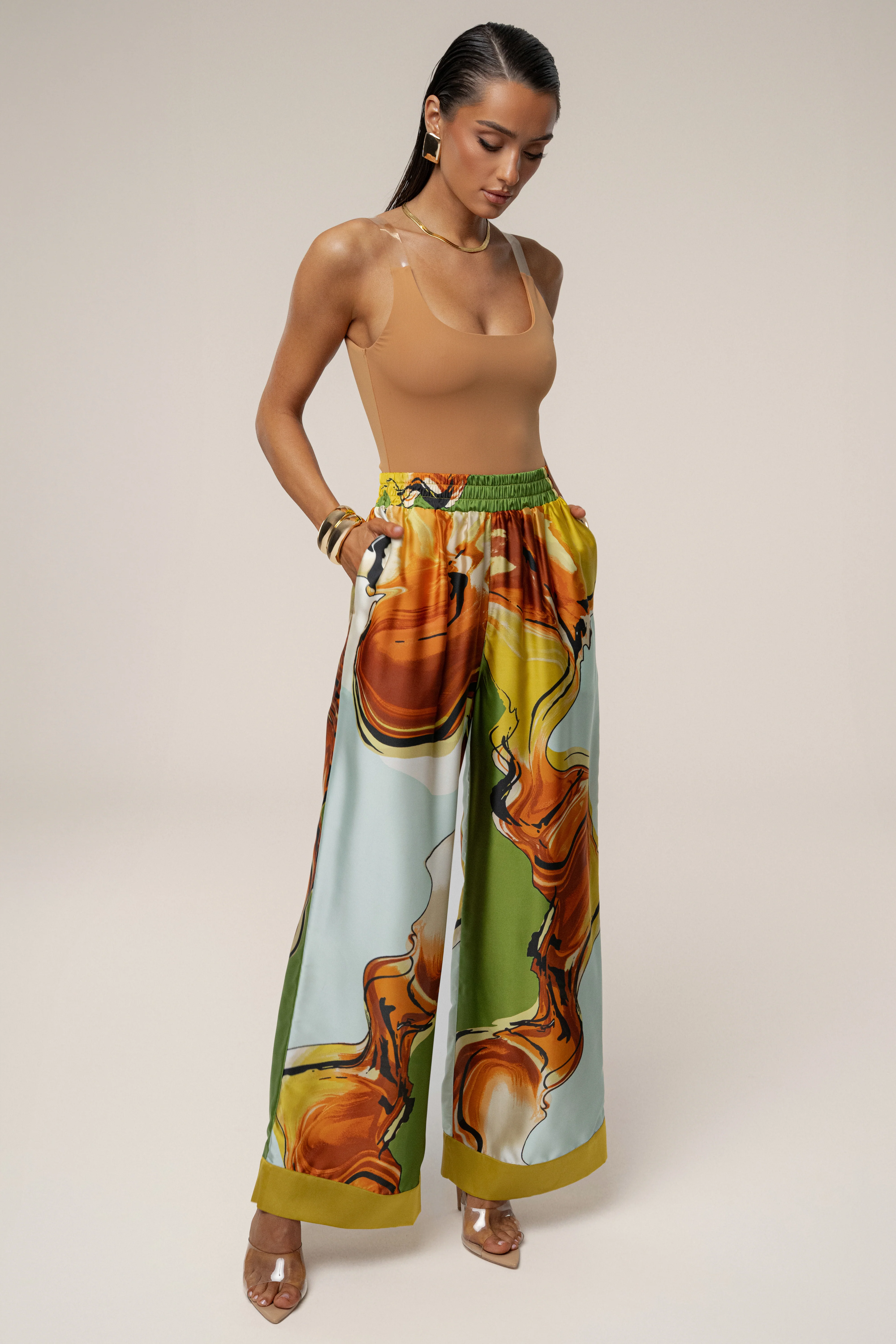 Green Tropical Print Jet Set Wide Leg Pants