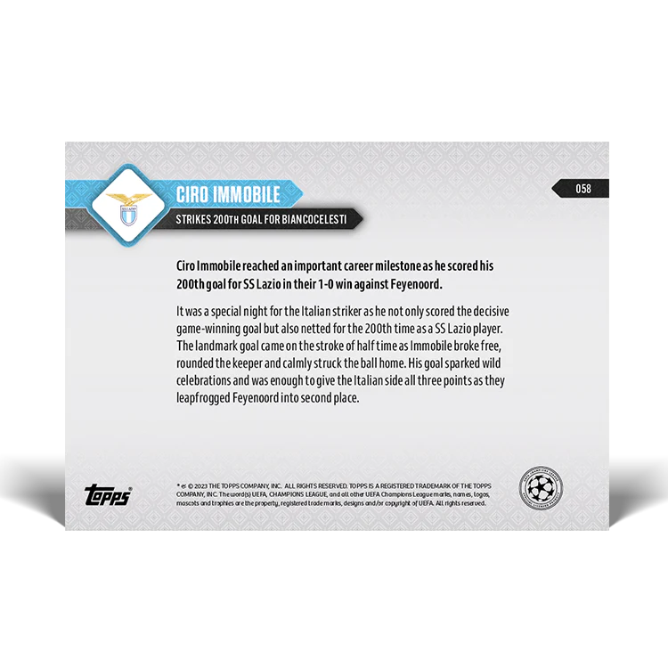 Topps UK - Ciro Immobile - Strikes 200th goal for Biancocelesti - UCL TOPPS NOW® Card #58