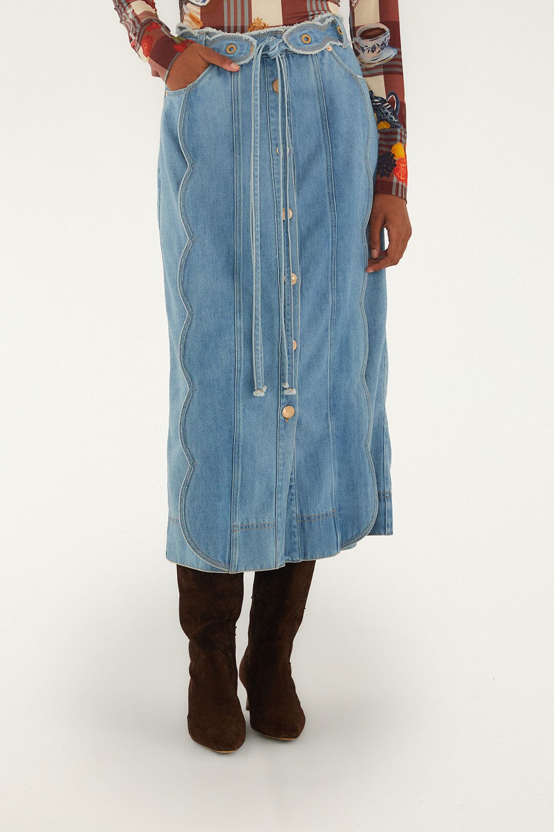 Denim Buttoned Belted Wavy Midi Skirt