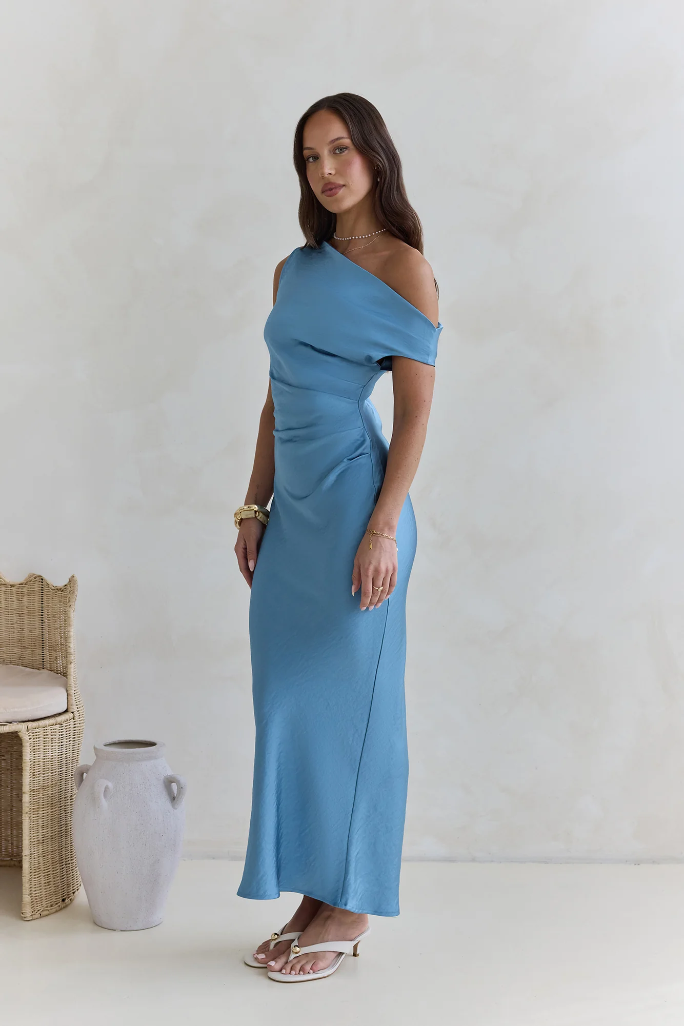 Noir Evenings Off Shoulder Satin Maxi Dress Blue
