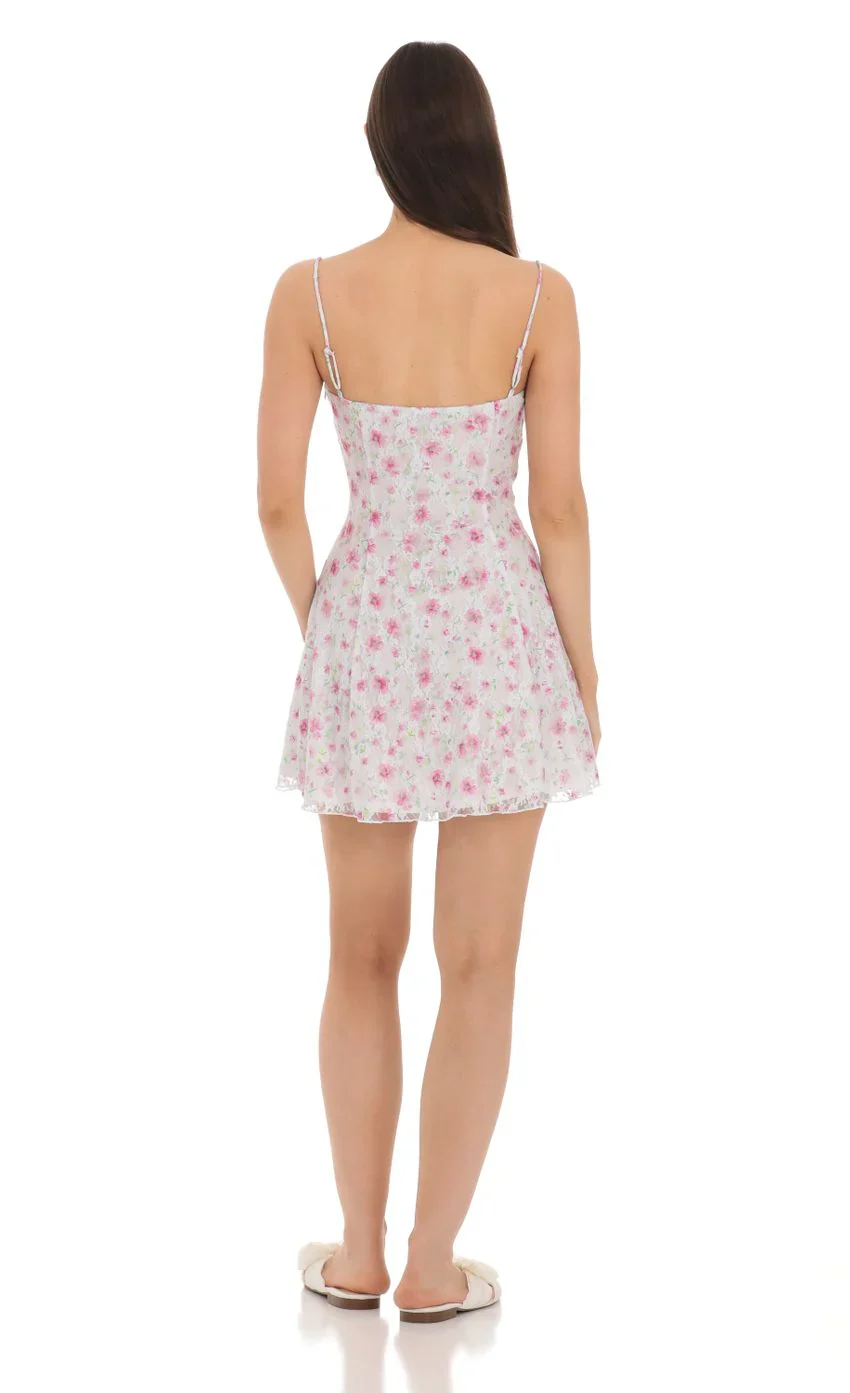 Lace Floral Front Tie Dress in White