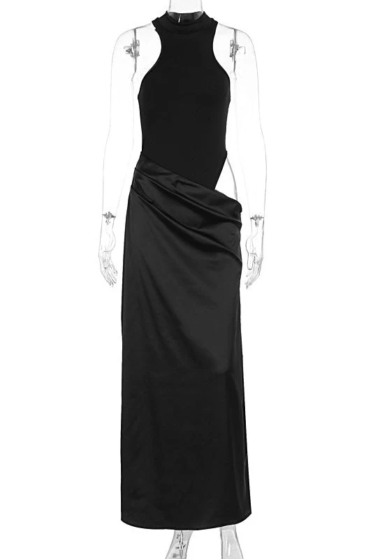 Black Halter Cut-out Ruched Fitted Long Dress