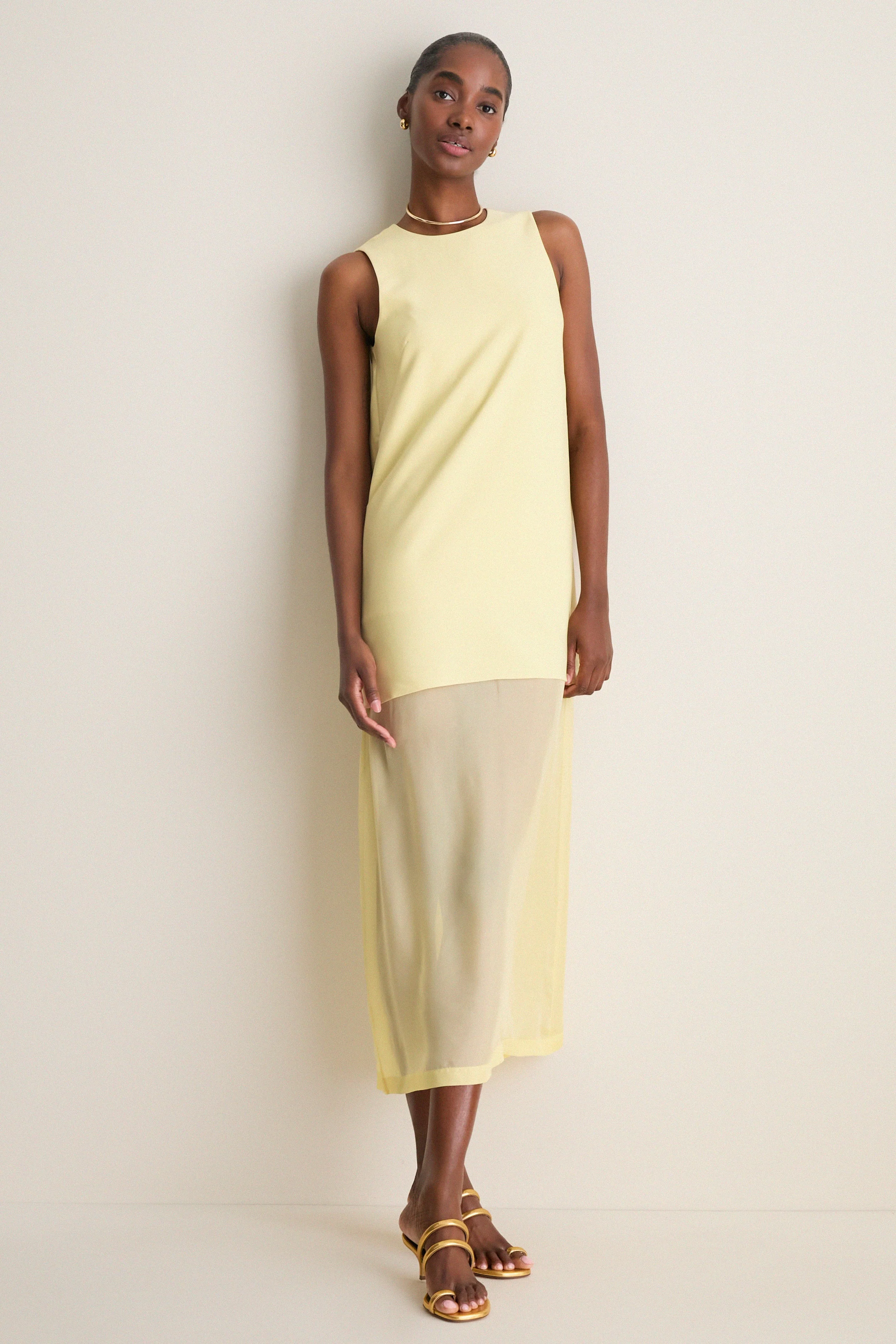 Pale Yellow Bonotto Crepe and Silk Chiffon Dress