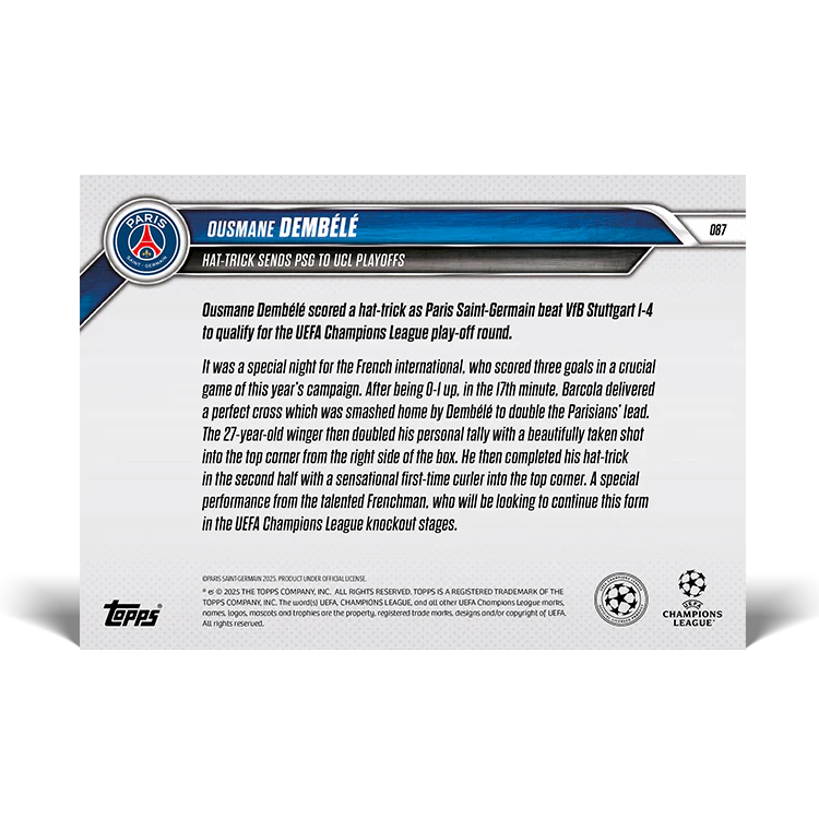 Ousmane Dembélé - Hat-trick sends PSG to UCL playoffs - 24/25 UCL Topps NOW® Card 87