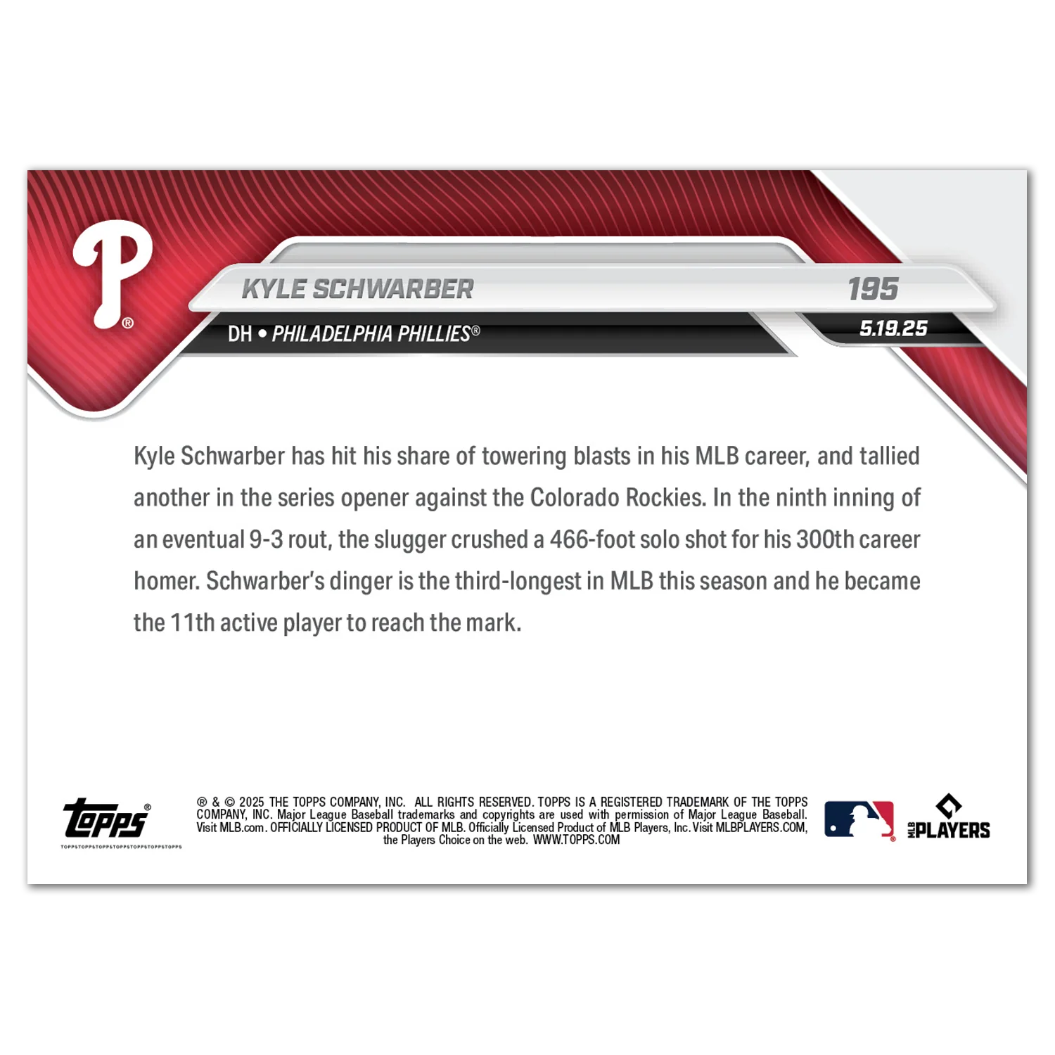 Kyle Schwarber - 2025 MLB Topps NOW® - Card 195