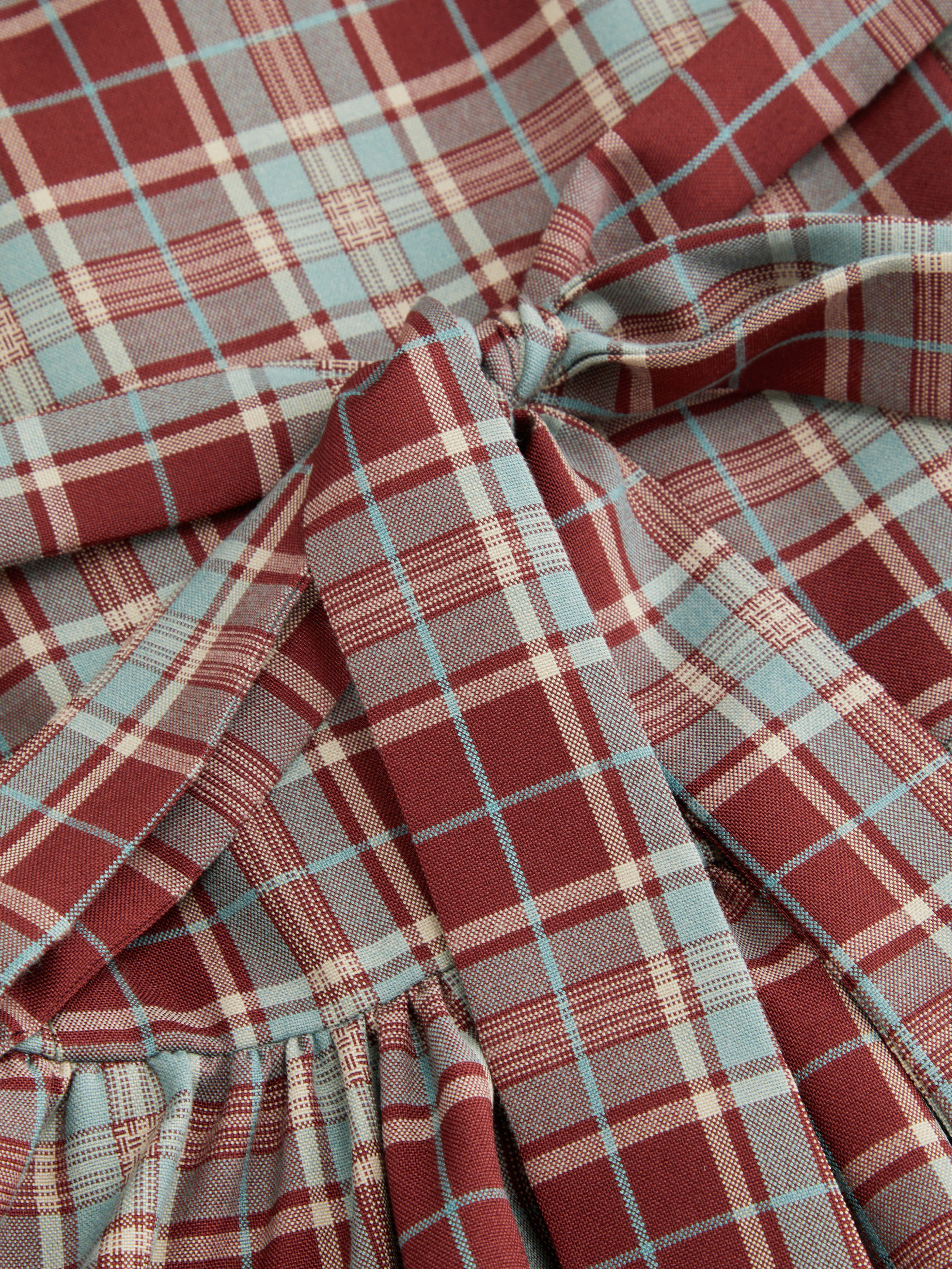 Plaid Stand Collar Puff Sleeve Tie Back Button Mini Dress