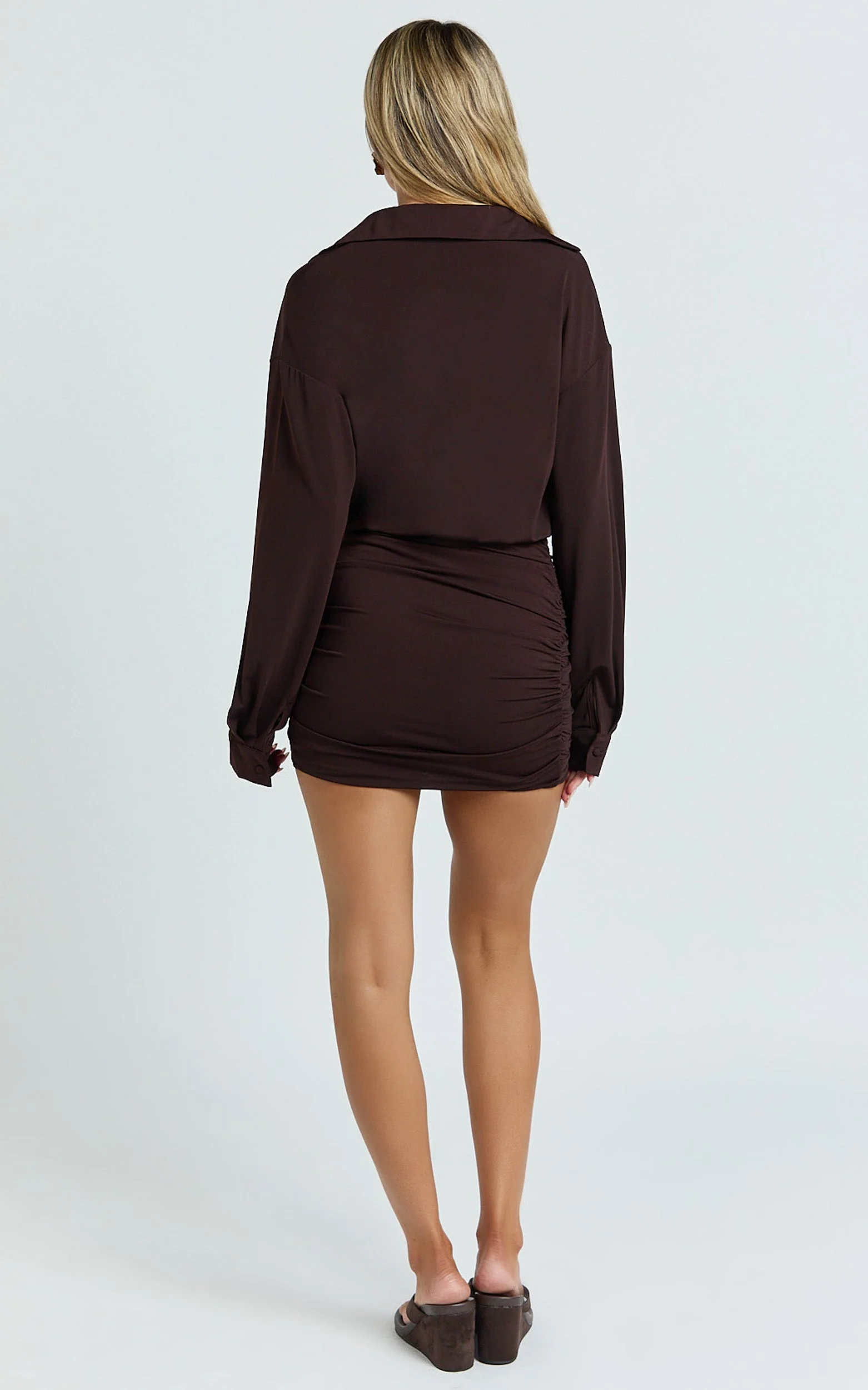 Pearce Mini Dress - Ruched Jersey Shirt Dress in Chocolate
