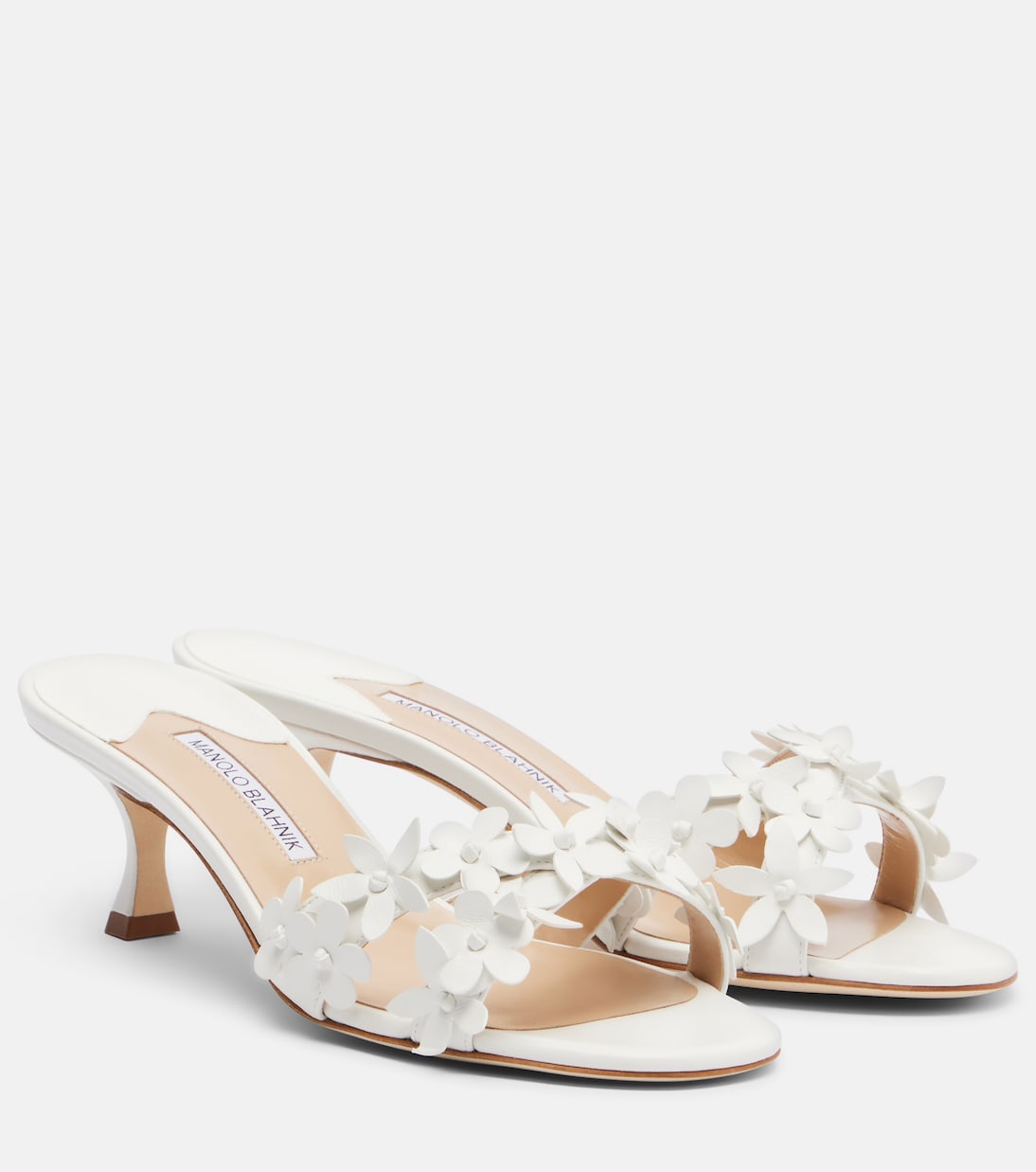 Manolo Blahnik Anista floral-appliqué leather mules in white