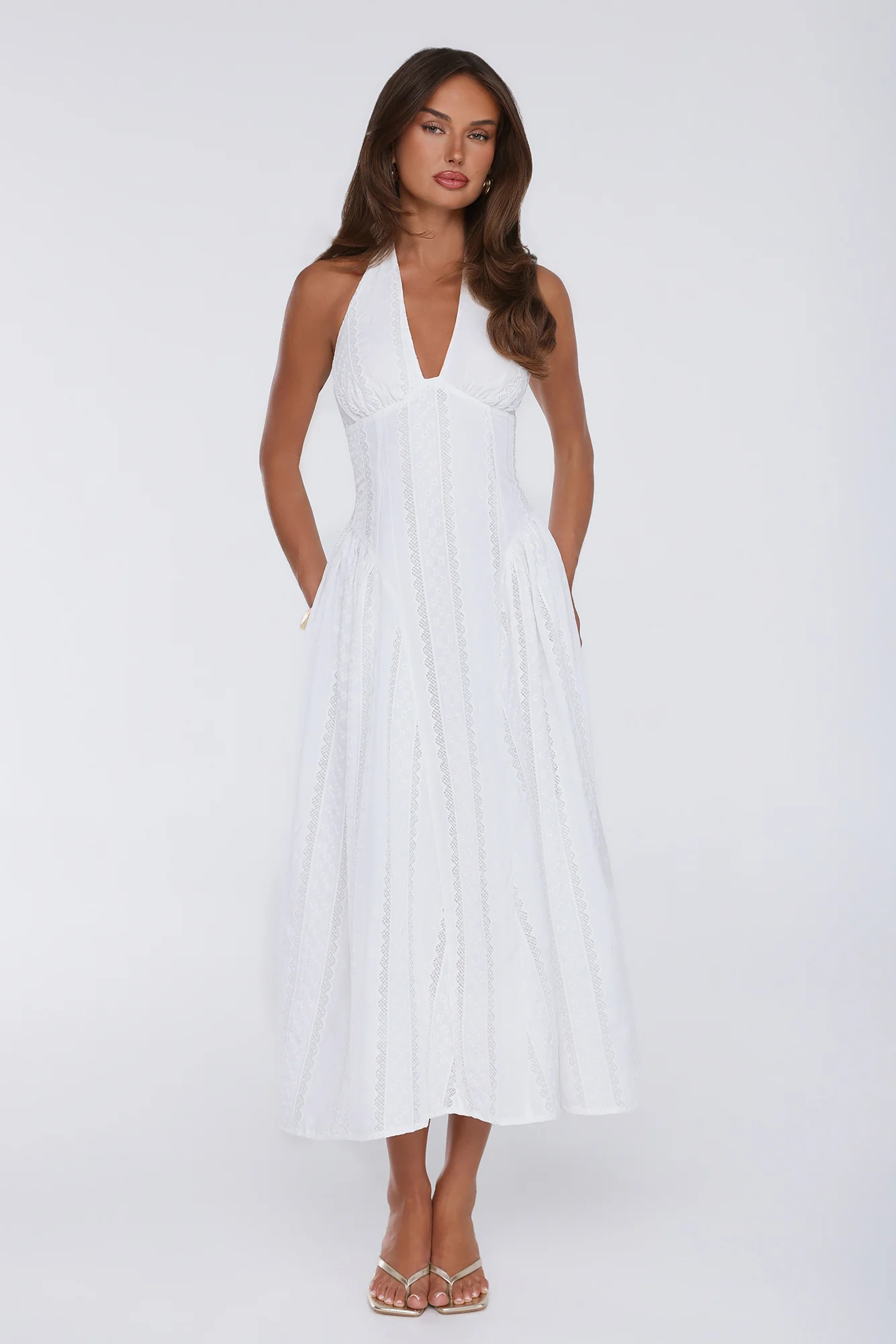 Petal Whimsy Embroidered Halter Maxi Dress White