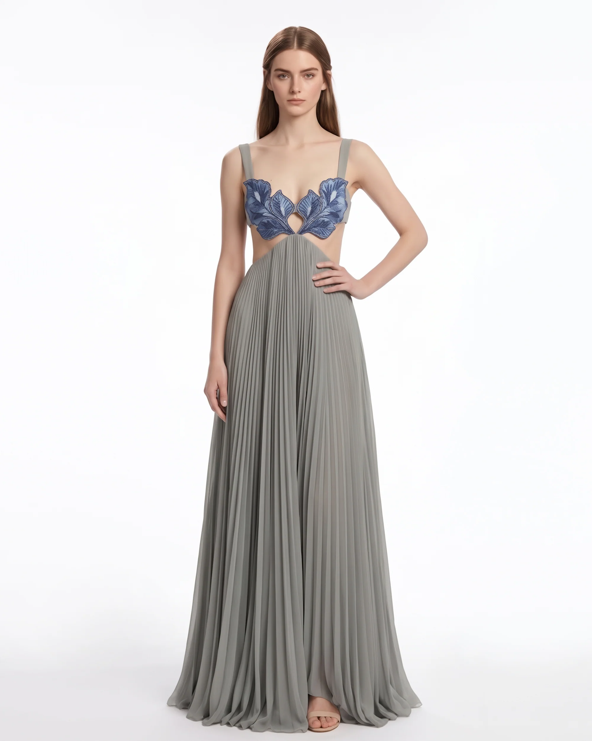 3D Floral Cutout Pleated Maxi Dress - Gray