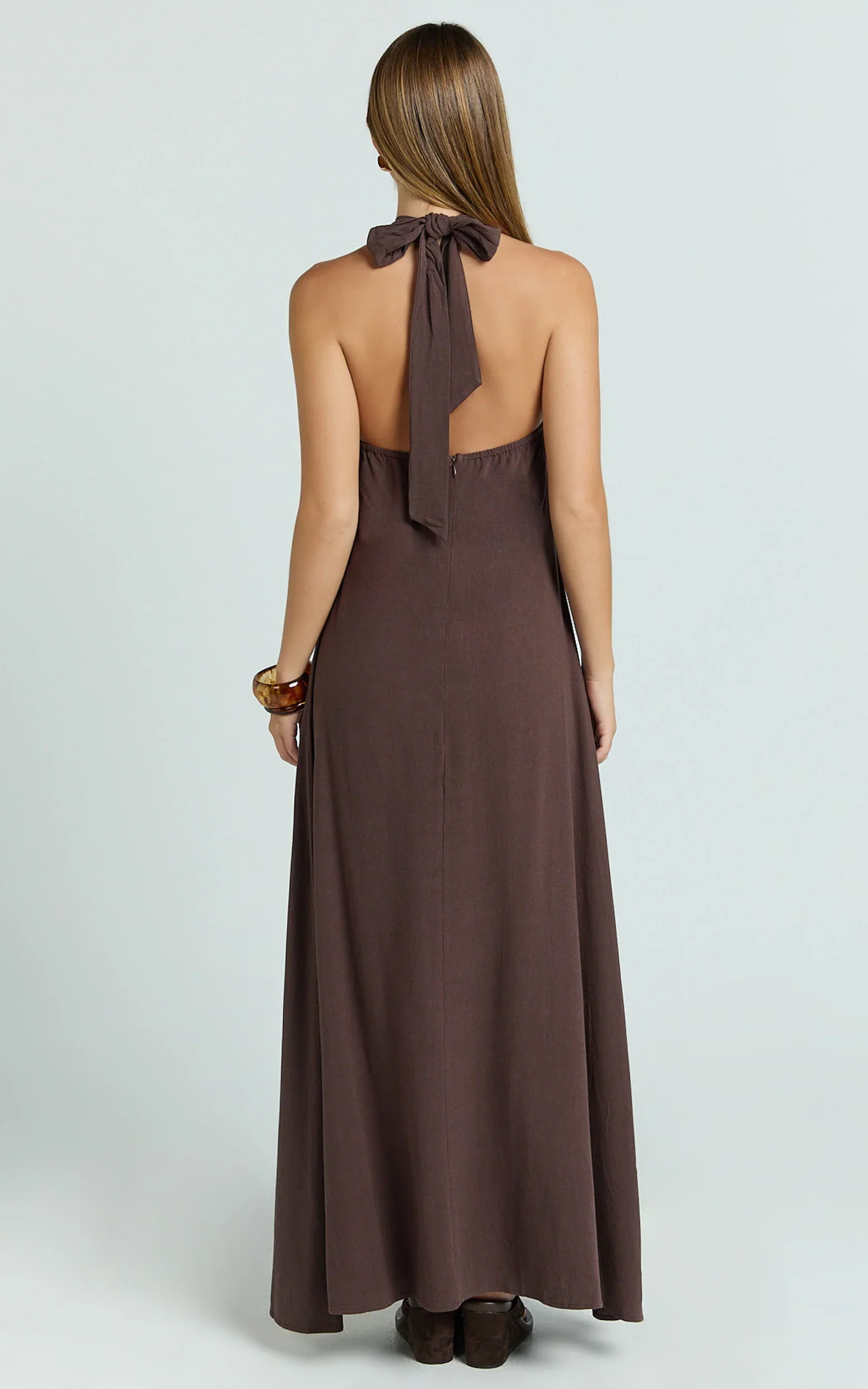 Hilda Maxi Dress - Knot Detail Halter Neck Maxi Dress in Chocolate