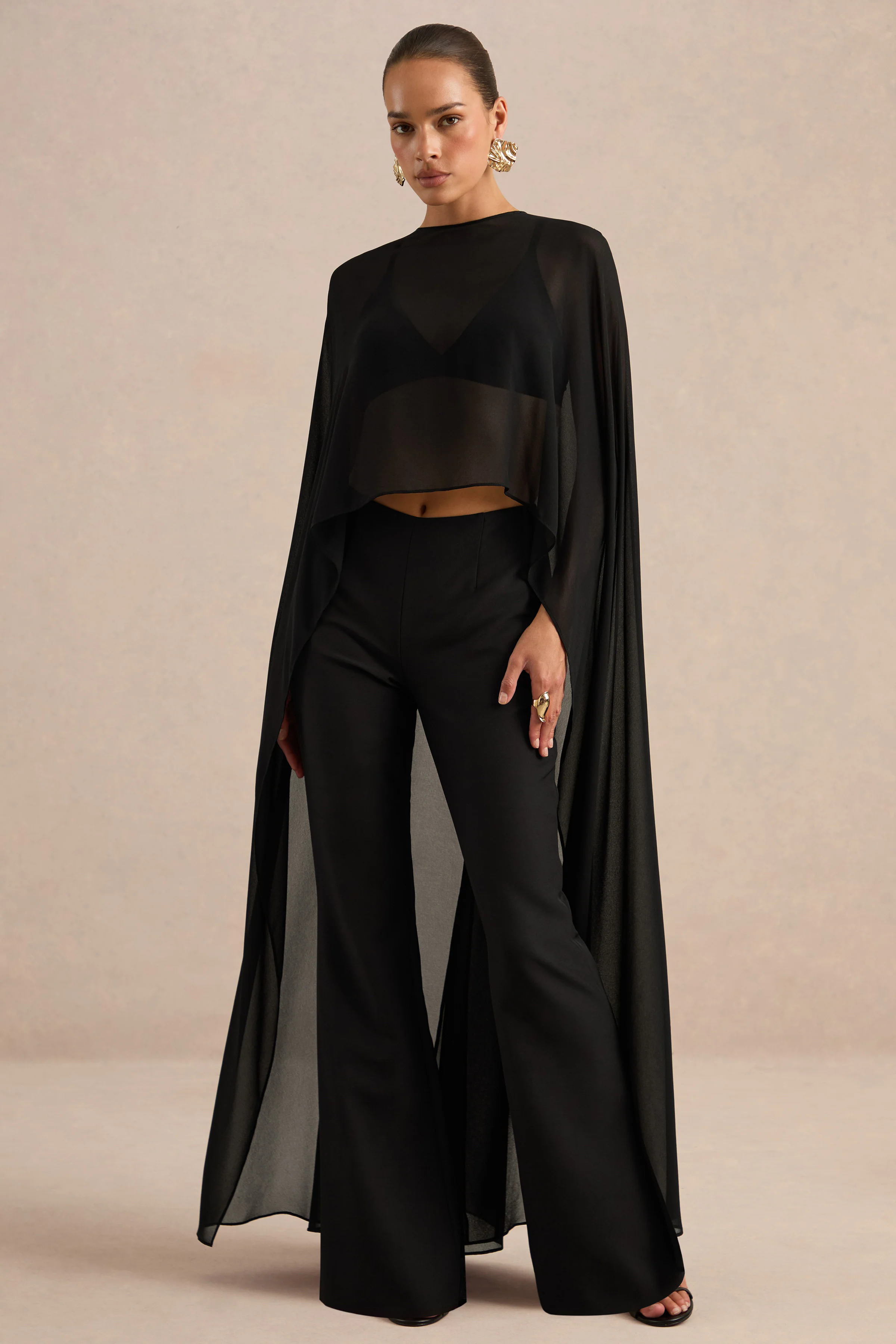 Yanina | Black Chiffon Round Neck Long Sleeve Cape Top