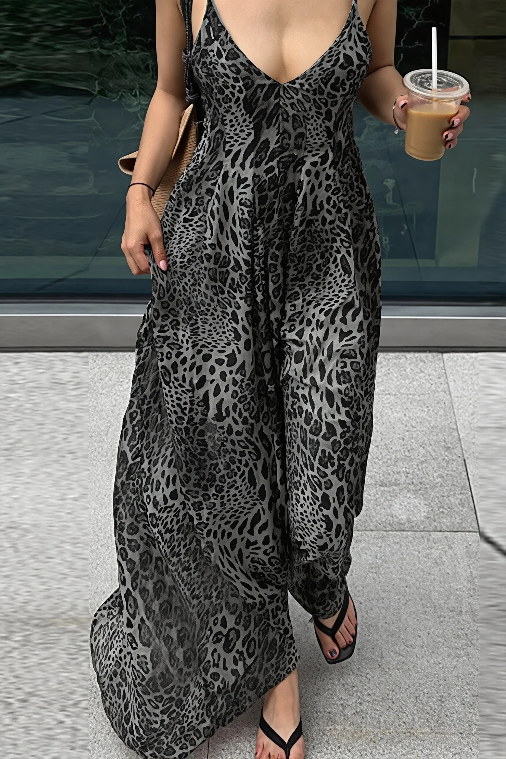 Leopard Print V Neck Backless Cami Vacation Maxi Dress