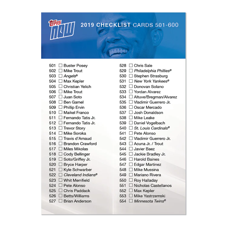 2019 Checklist Card Card 501- 600 - MLB TOPPS NOW® CHECK06 - Print Run: 387