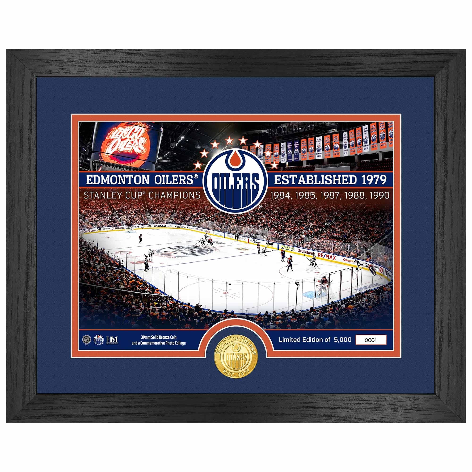 Edmonton Oilers 5-Time Stanley Cup Champions Bronze Coin Framed NHL Photo