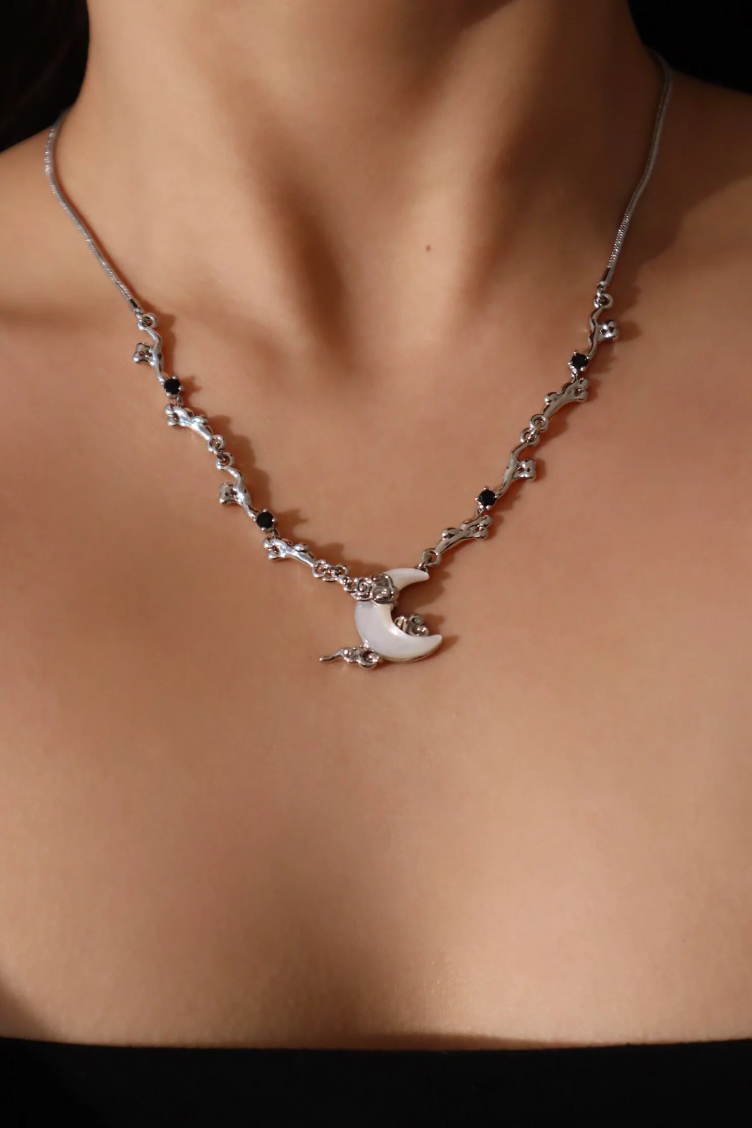 Palladium White Gold Plated Black Gem Natural Shell Moon Necklace