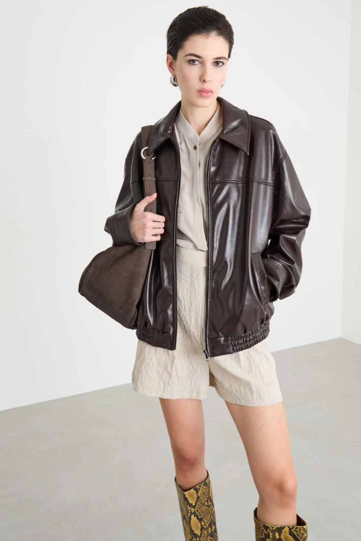 Coated jersey boxy jacket - BROWN