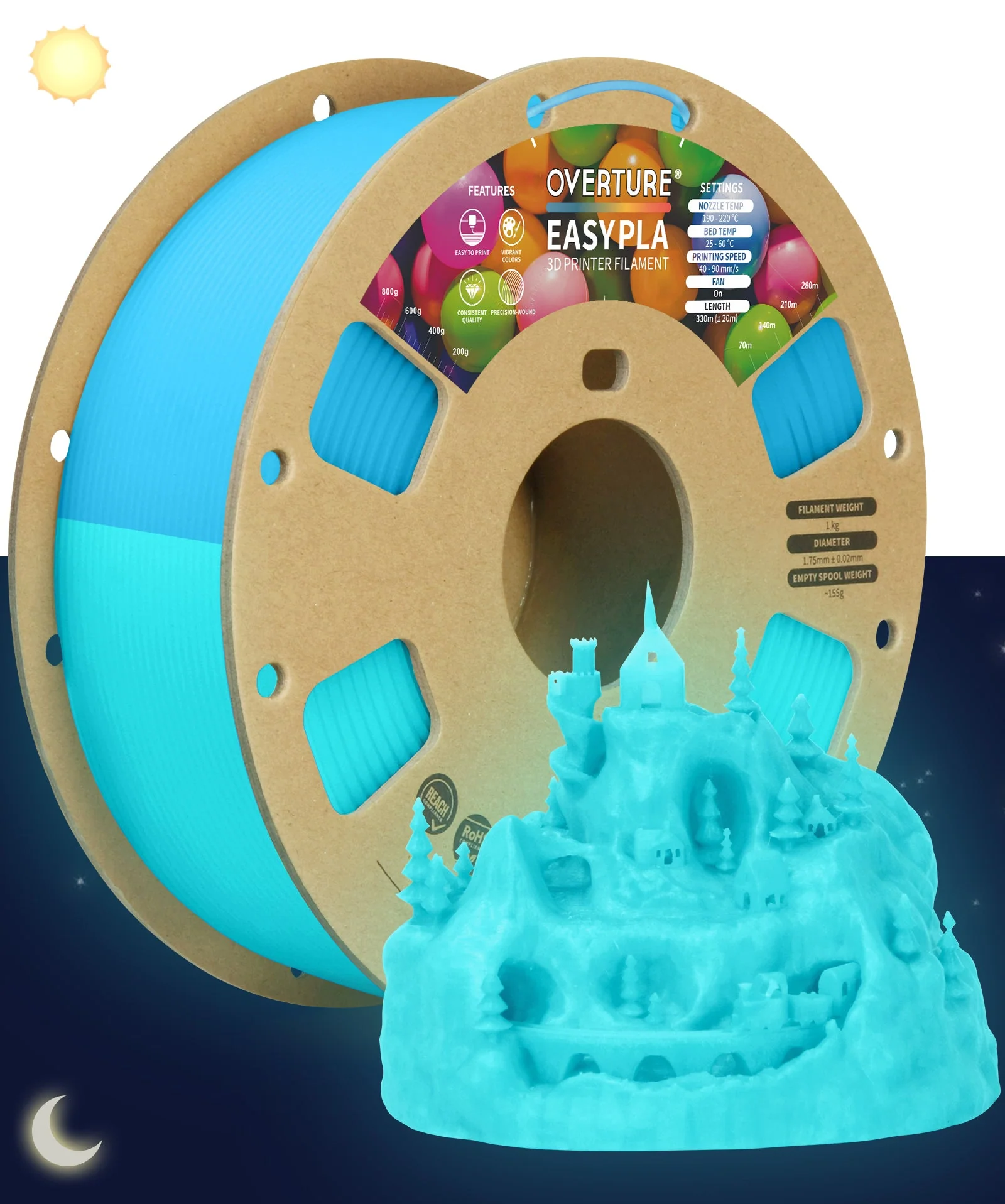 Overture Glow PLA 3D Printer Filament 1.75mm