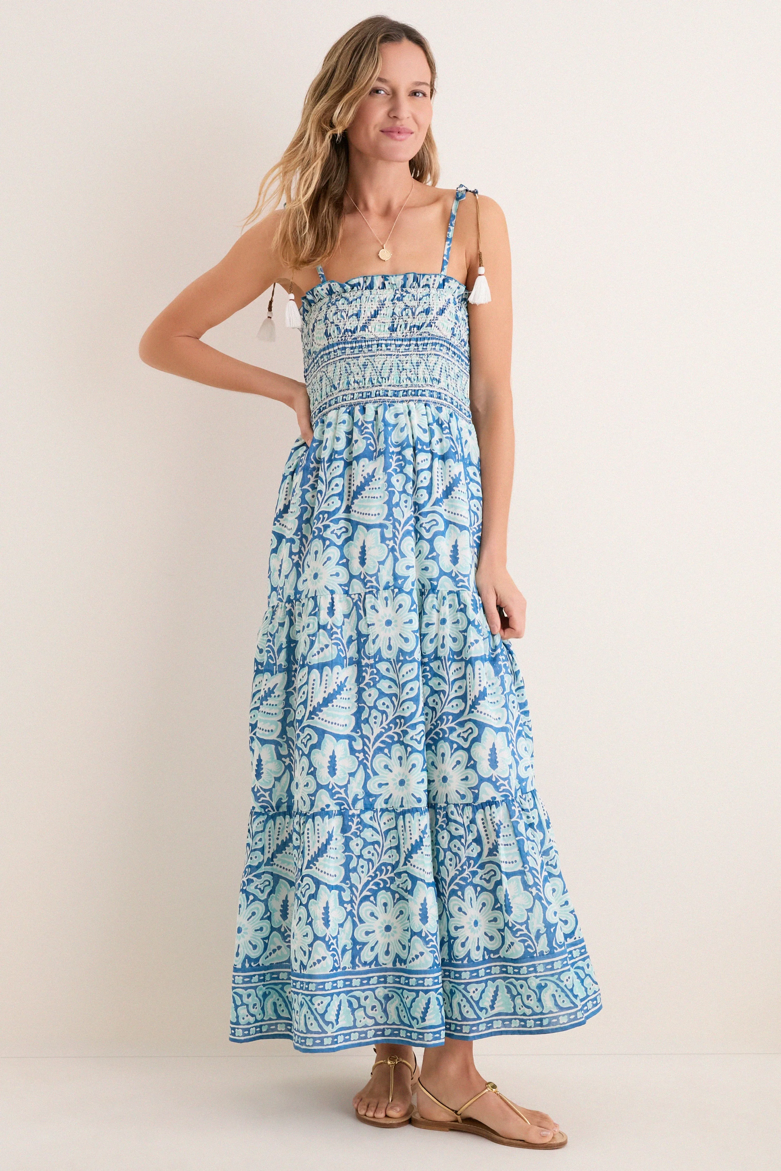 Turquoise Floral Smocked Maxi Dress