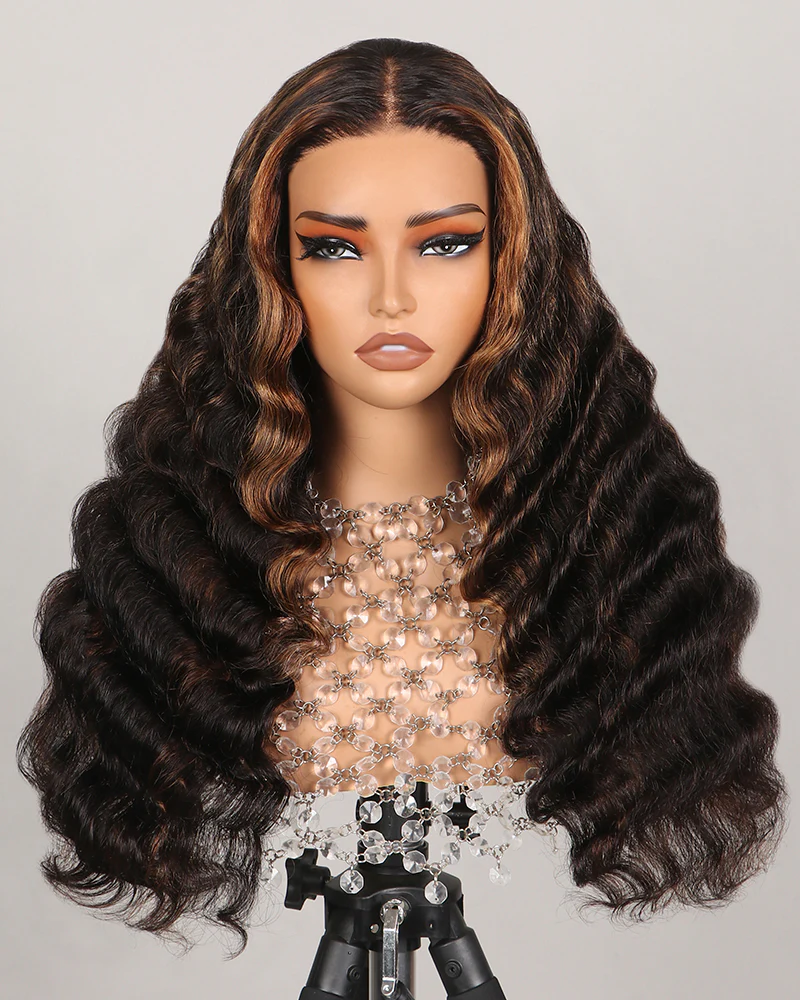 Ophirawig 6x5 invisible knots Glueless Auburn Highlights on Black Hair Loose Deep Wave Wig Beginner Friendly