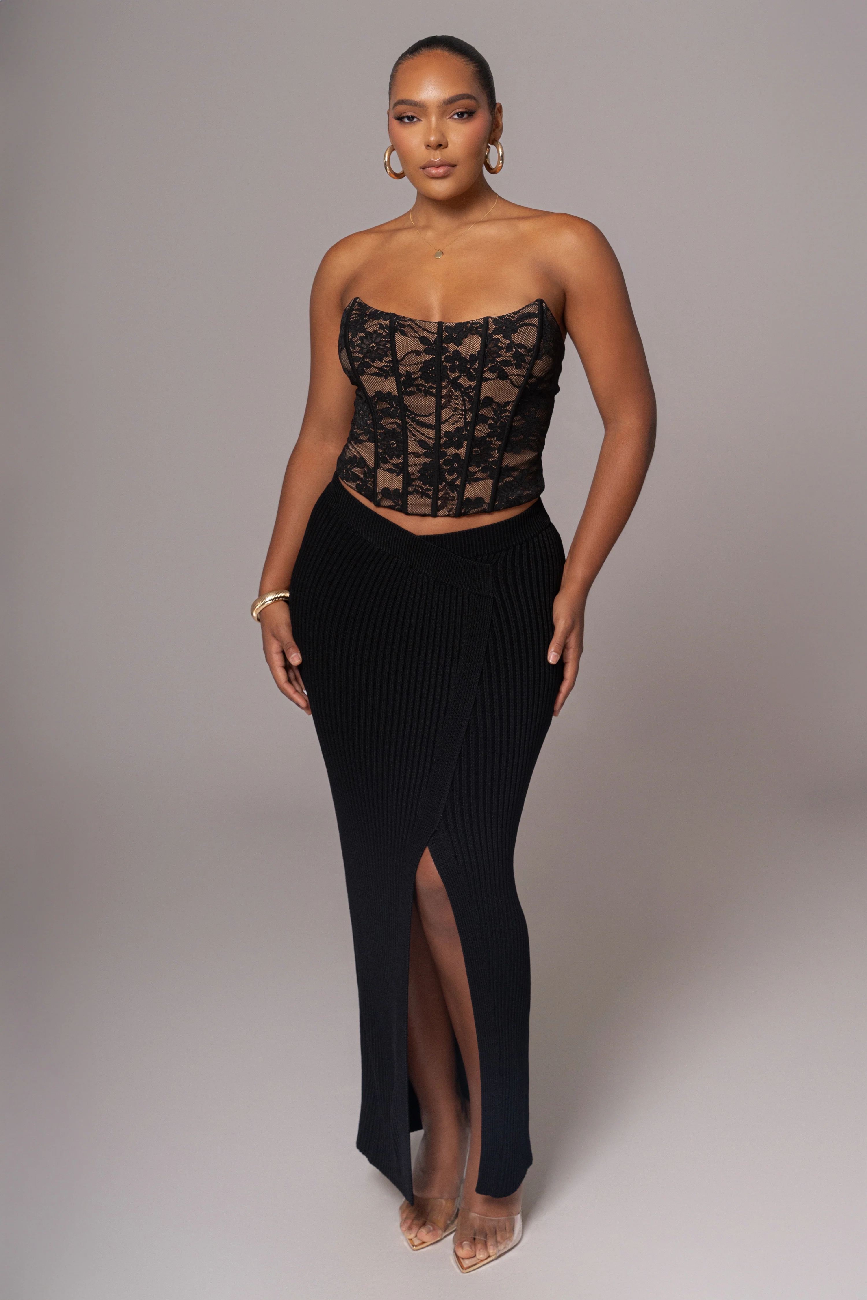 Black Hamptons Ribbed Slit Skirt