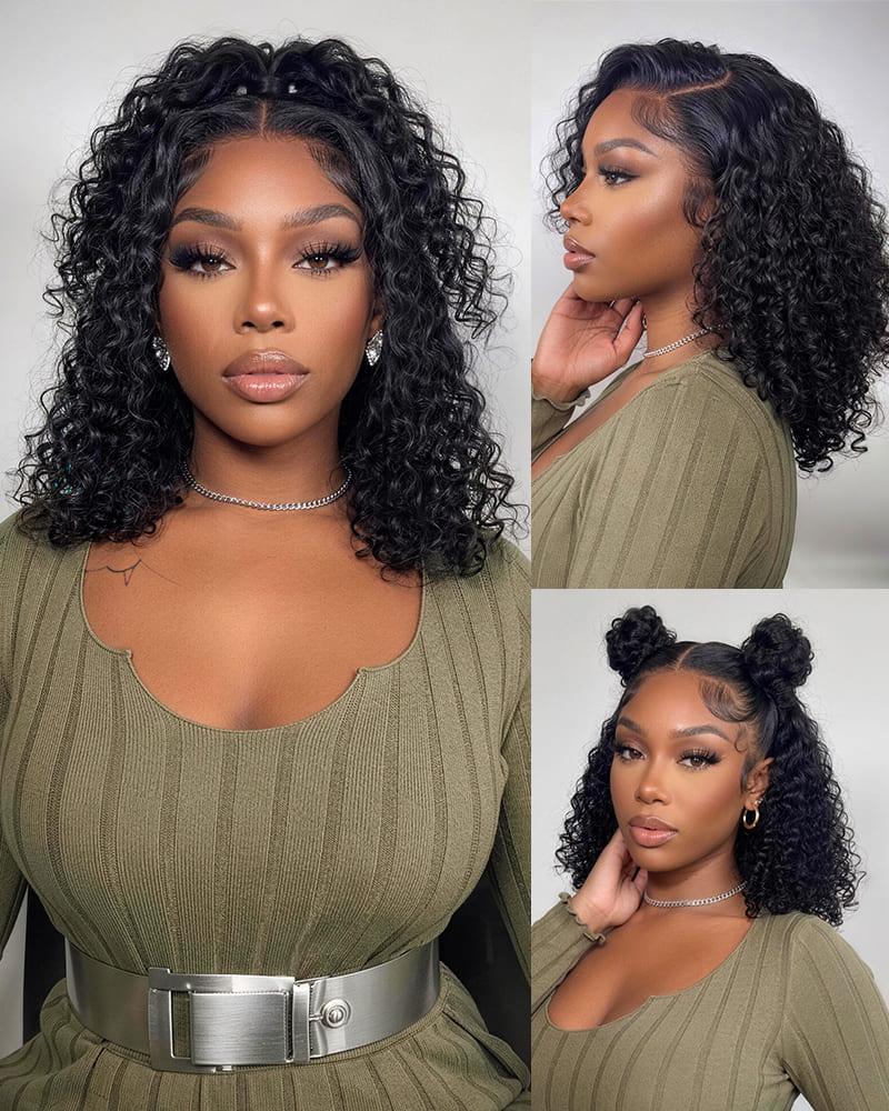 Ophirawig 13x5 Lace Glueless Jerry Curly Bob Wig With Pre-Cut Lace Invisible Knots Natural Black Virgin Hair Wig