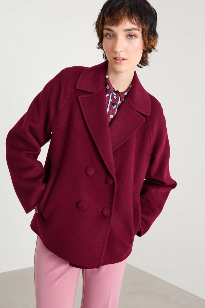 Pea coat with fabric-covered buttons - BORDEAUX