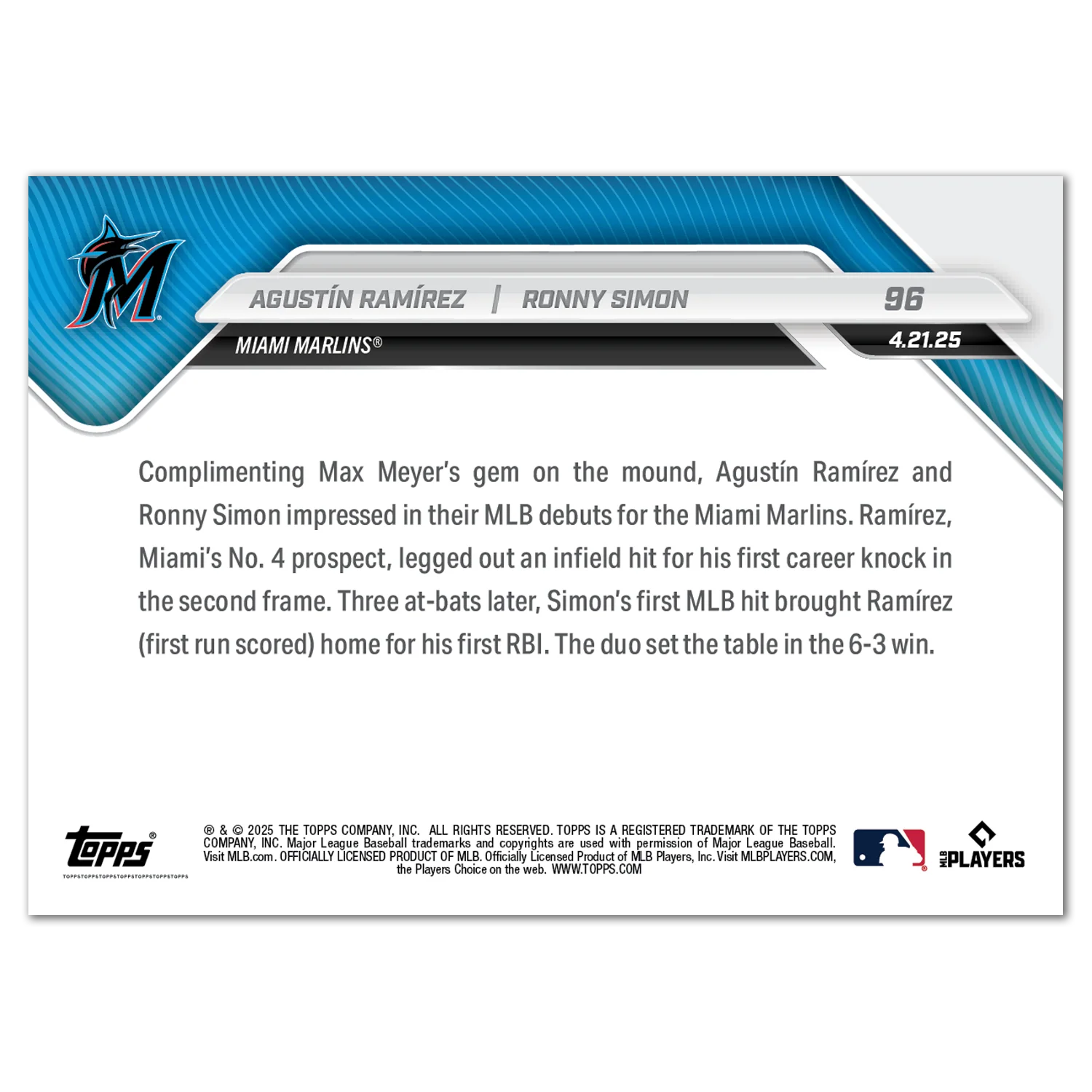 Agustín Ramírez/Ronny Simon - 2025 MLB Topps NOW® - Card 96